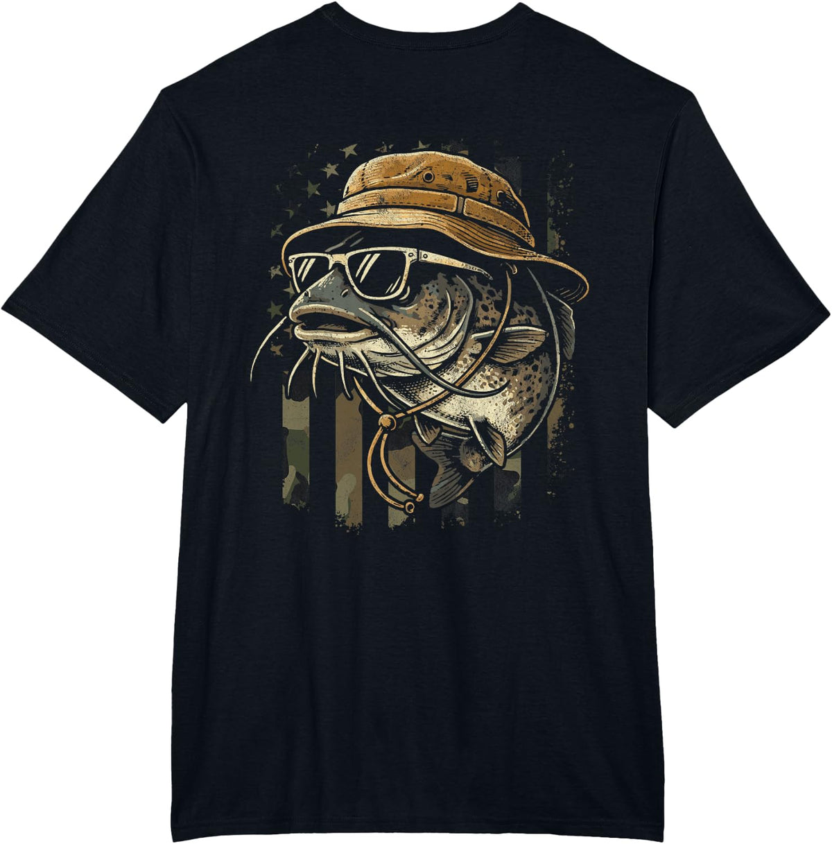 Catfish Camo American Flag Fishing (Art on Back) T-Shirt - Black