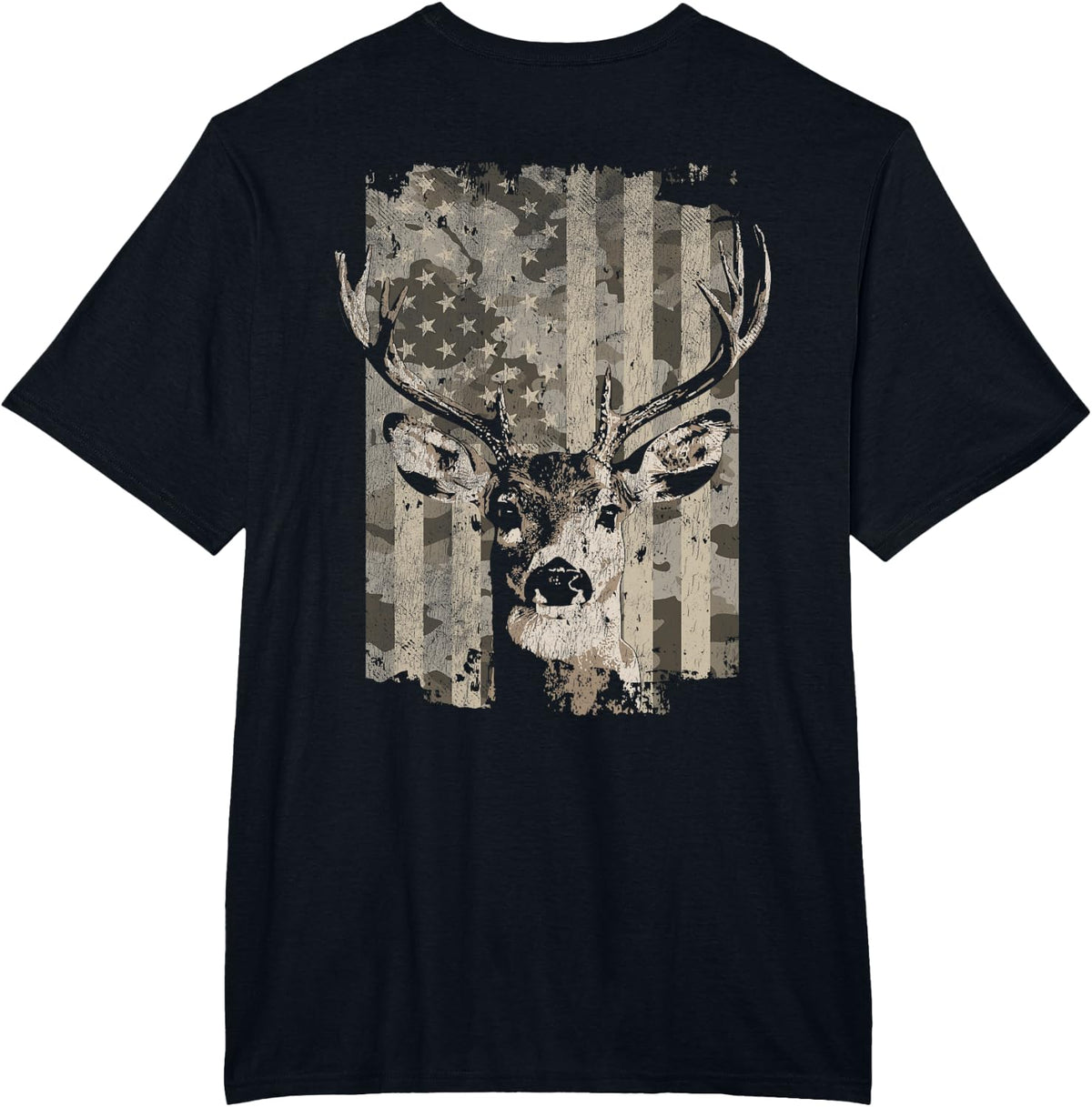 Camo American Flag Distressed Deer Hunting (Design on Back) T-Shirt - Black