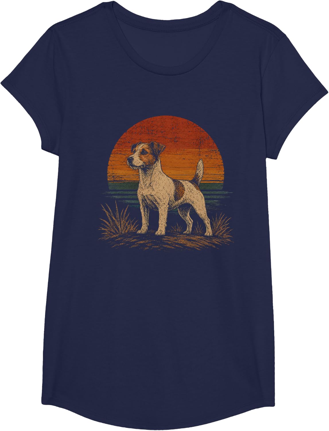 Retro Jack Russell Terrier Artwork Graphic T-Shirt - Girls Navy Blue