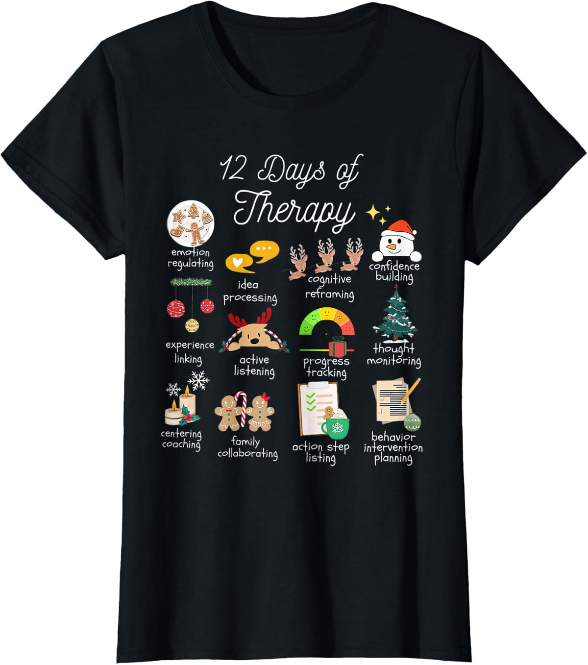 12 Days of Therapy Christmas ABA Therapist Behavior Tech T-Shirt - Black