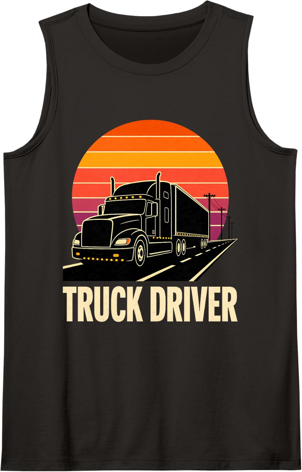 Truck Driver Retro Sunset Semi Trucker Sleeveless Tank Top - Black