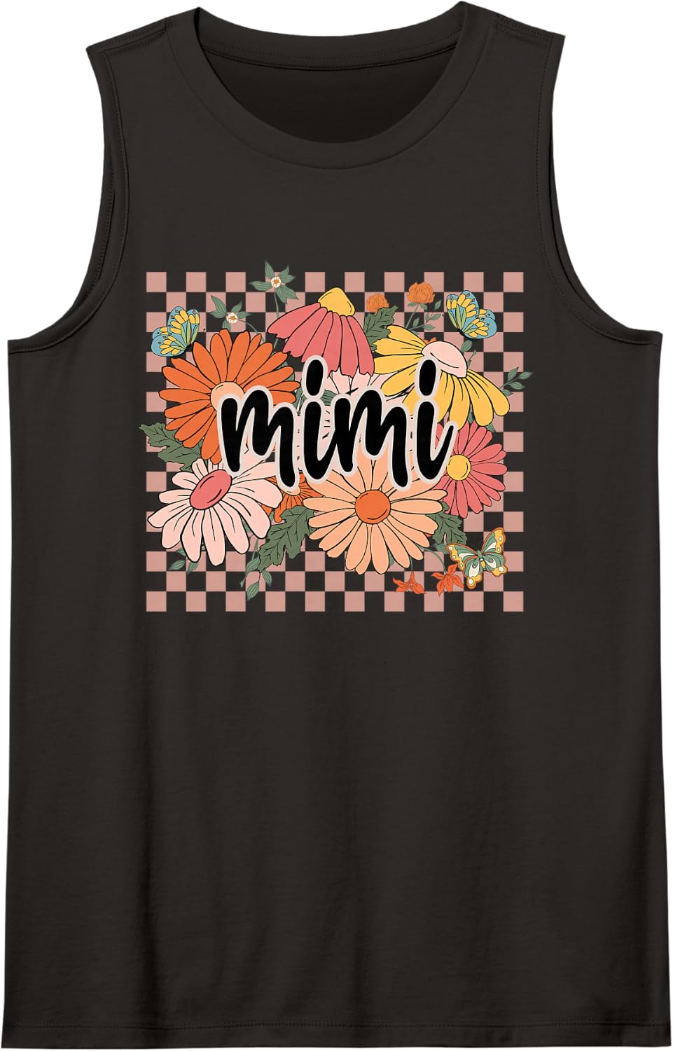 Mimi Floral Mother's Day Wildflower Girl Women Plaid Sleeveless Tank Top - Black
