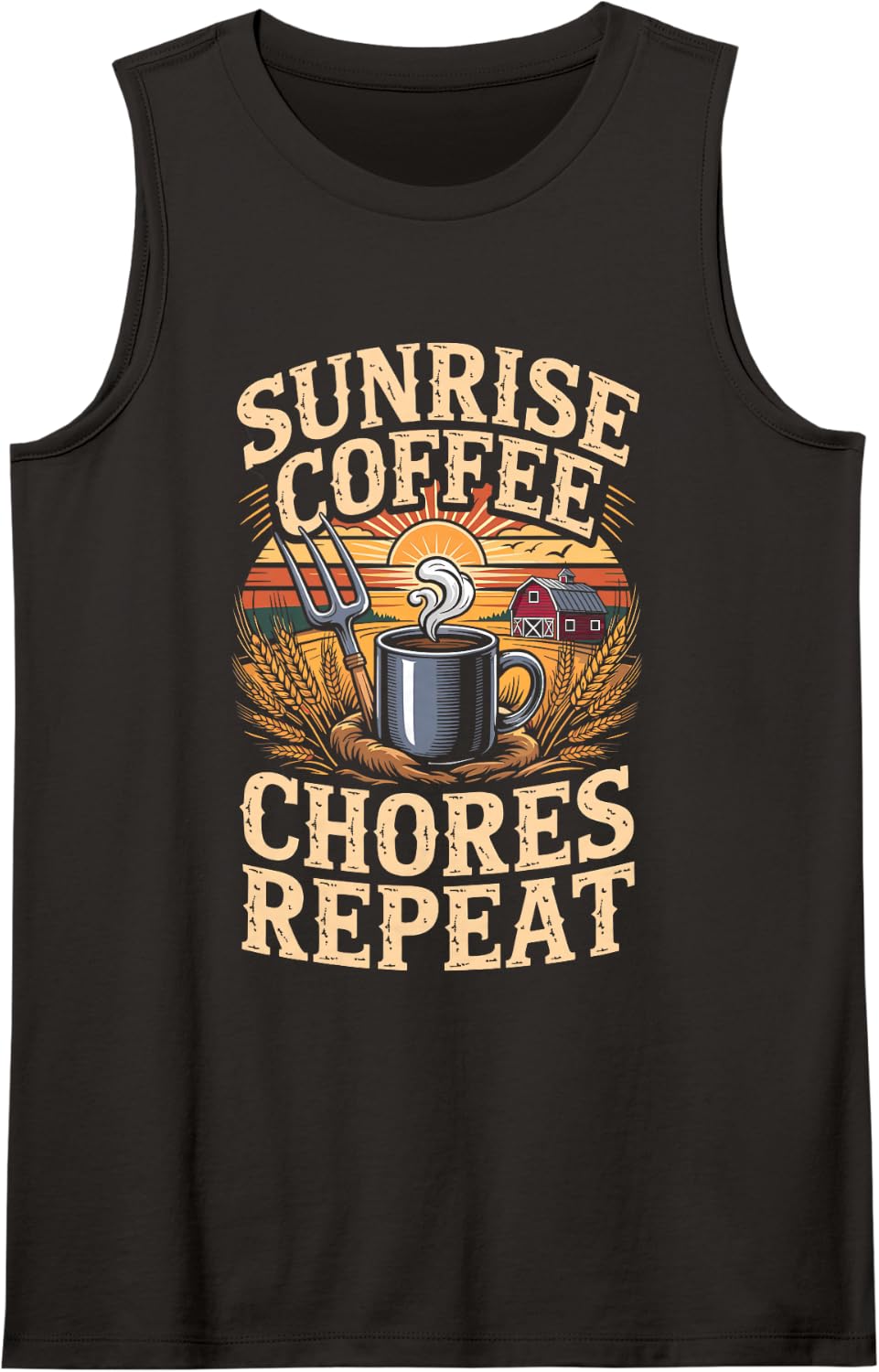 Sunrise Coffee Chores Repeat Farmer Farming Rancher Tank Top - Black