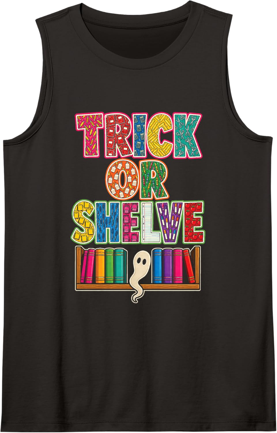 School Librarian Trick Or Shelve Halloween Books Ghost Sleeveless Tank Top - Black