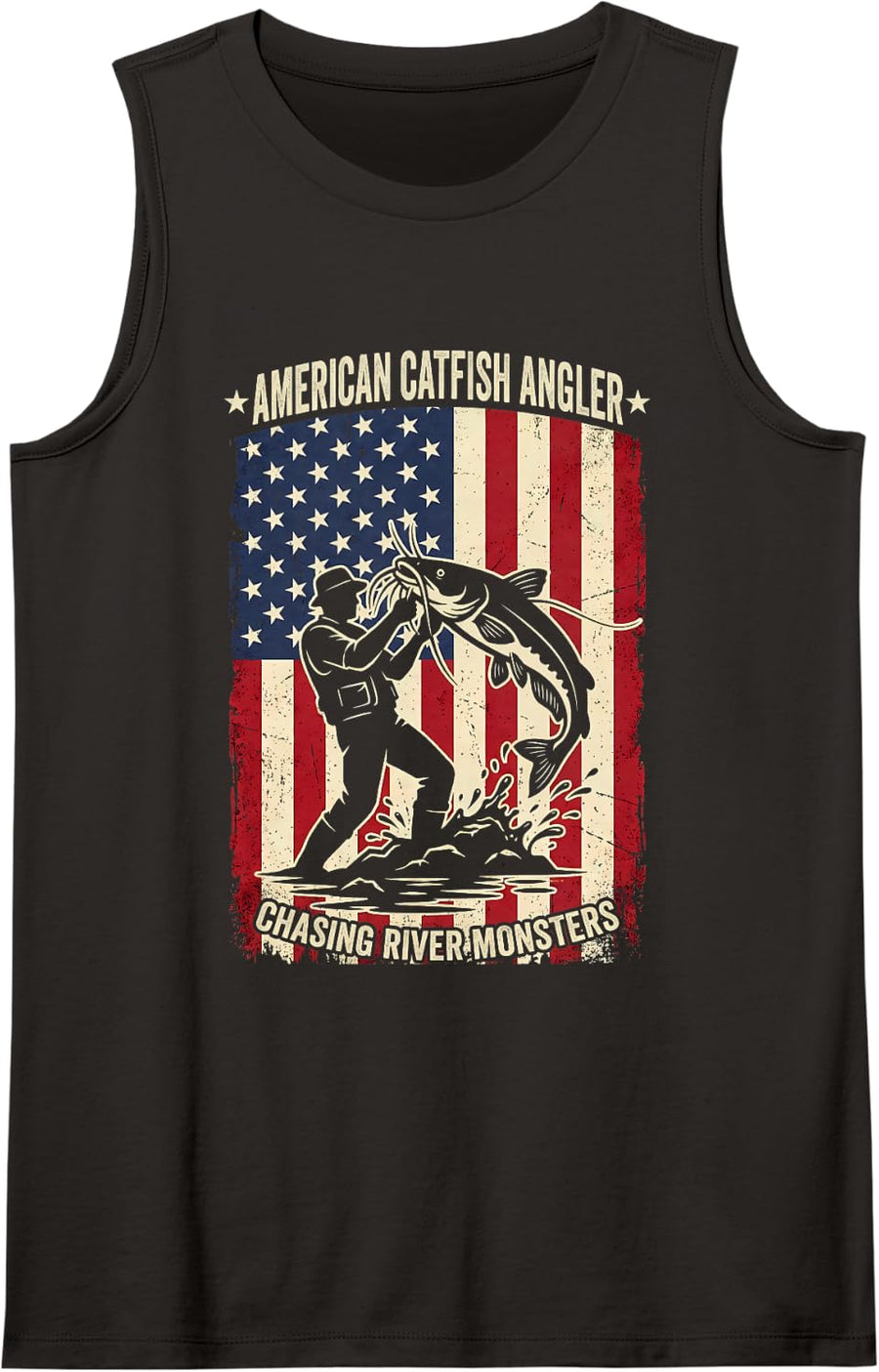 American Catfish Angler Chasing River Monsters Sleeveless Tank Top - Black