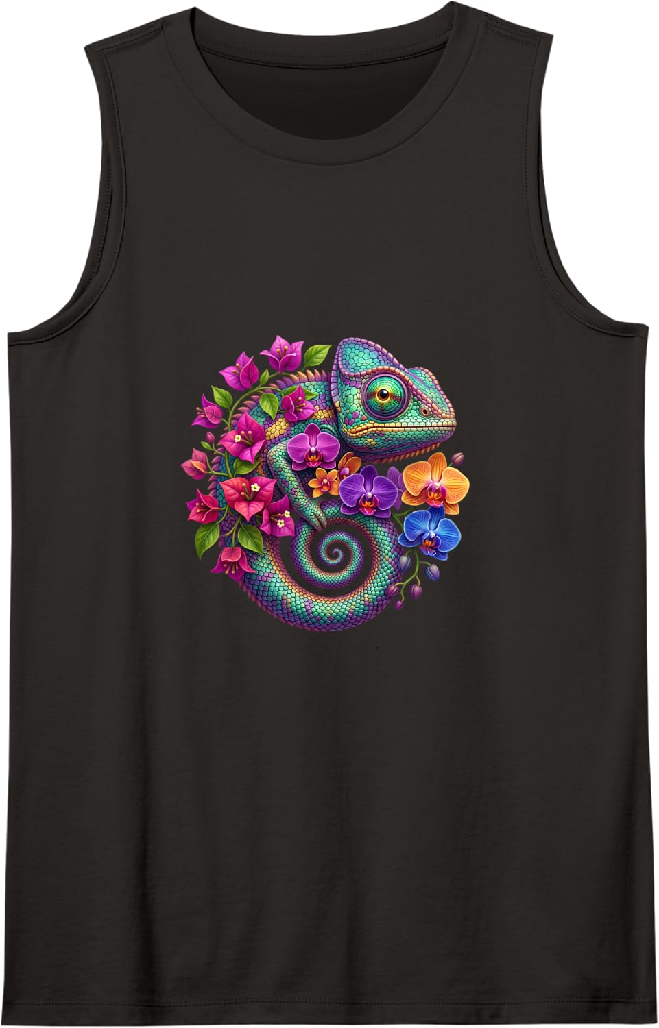 Chameleon with Elegant Orchids Sleeveless Tank Top - Black