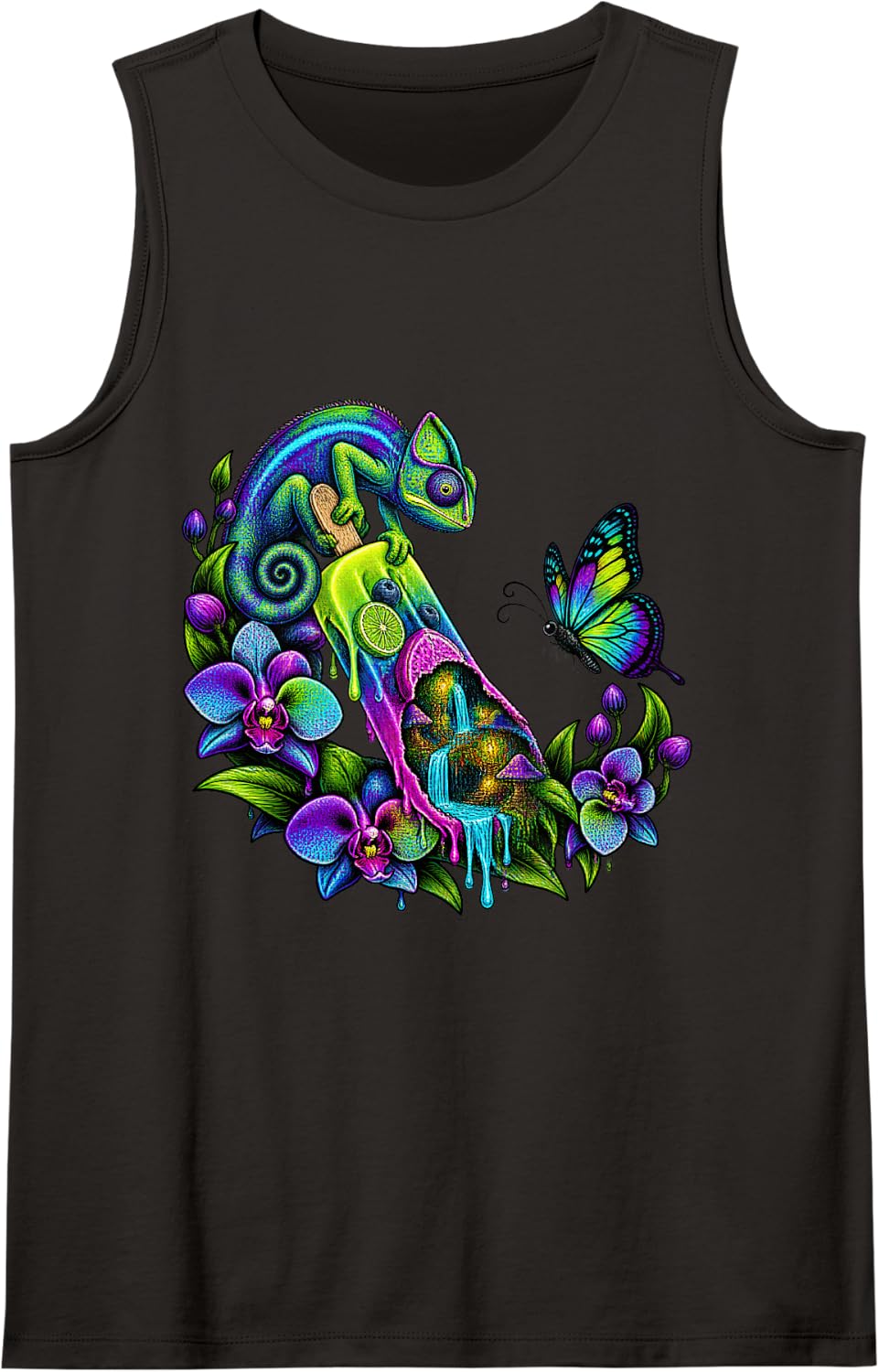 Chameleon Reveals a Village in Rainbow Orchids Tank Top - Black