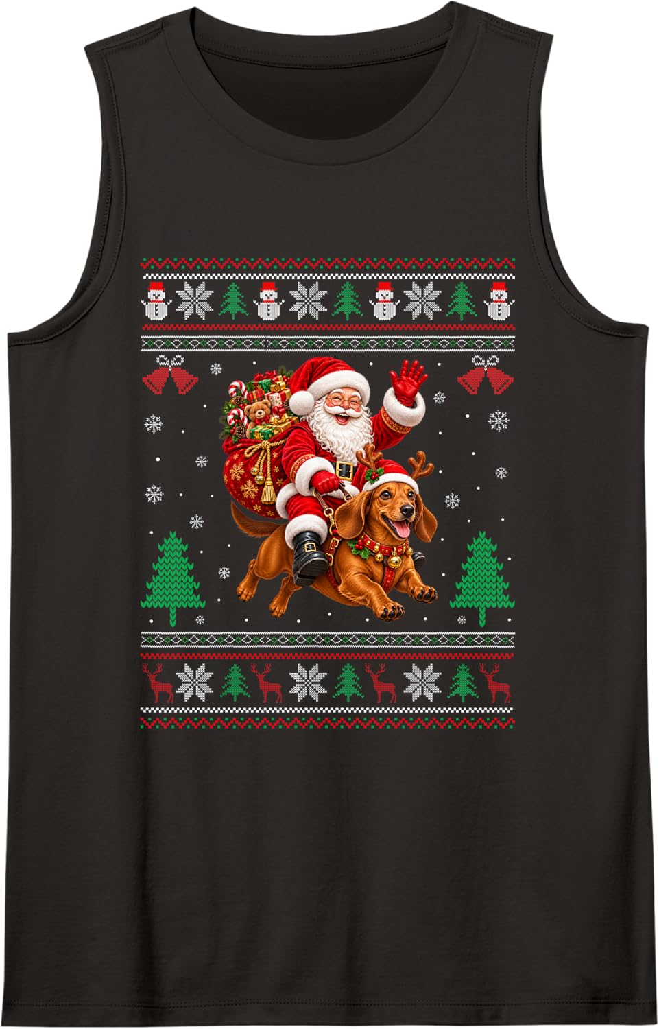 Dachshund Ugly Christmas Sweater Santa Riding Dog Xmas Sleeveless Tank Top - Black