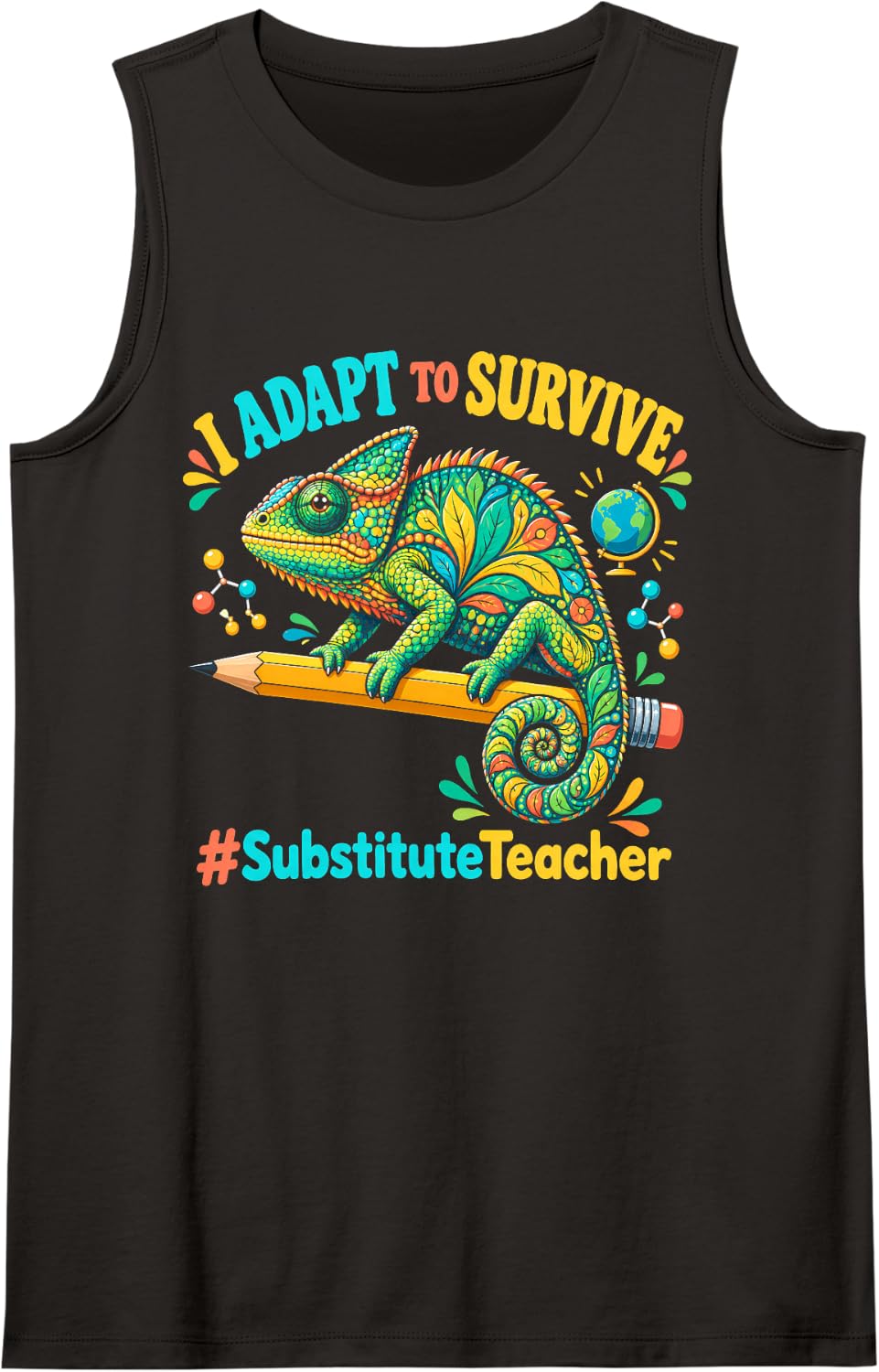 I Adapt to Survive Substitute Teacher Tropical Chameleon Sleeveless Tank Top - Black