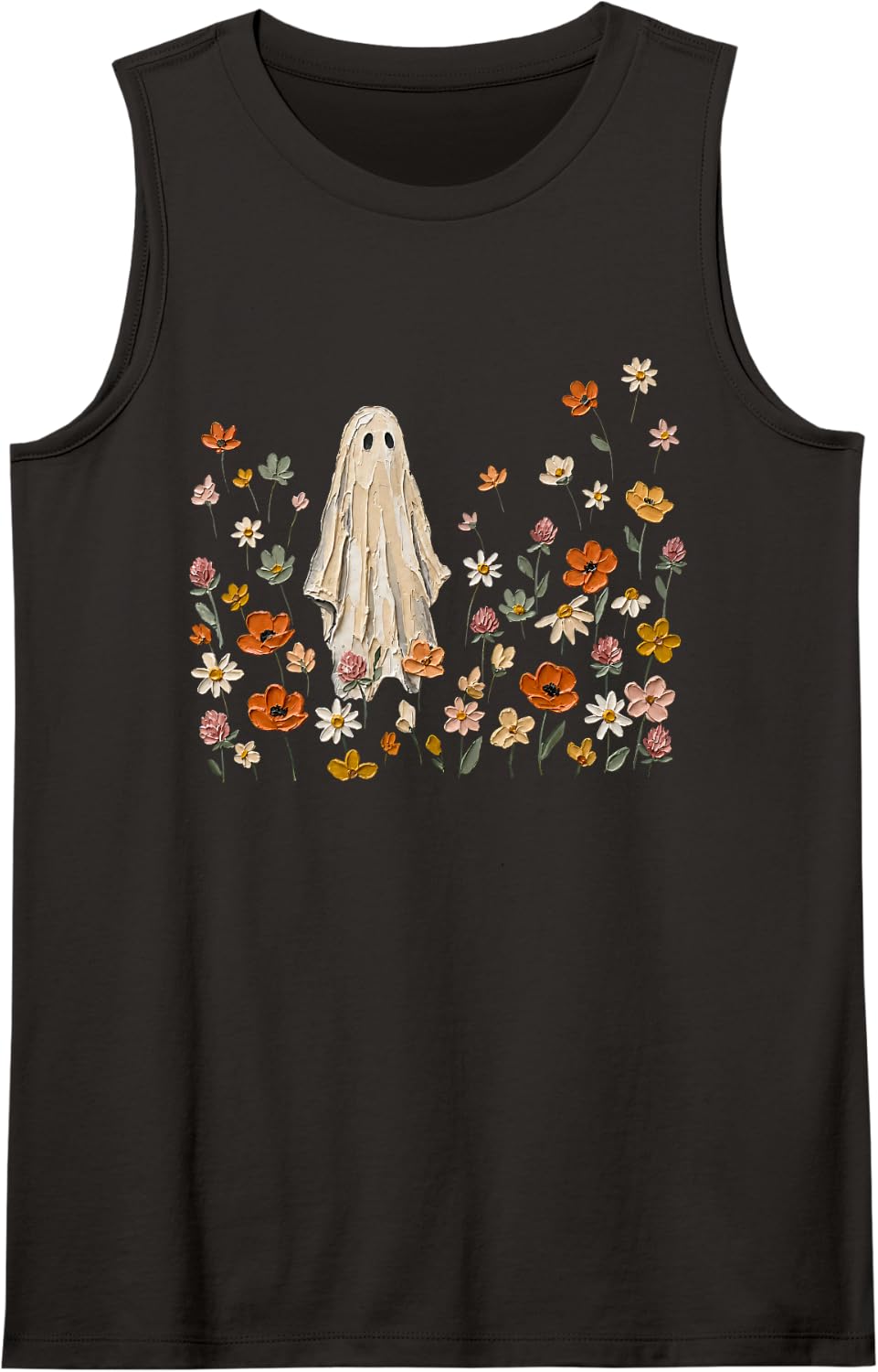 Funny Ghost Wildflower Spooky Season Halloween Retro Vintage Sleeveless Tank Top - Black