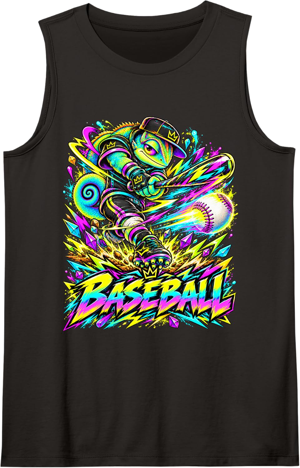 Chameleon Baseball Swing Colorful Sports Cartoon Art Sleeveless Tank Top - Black