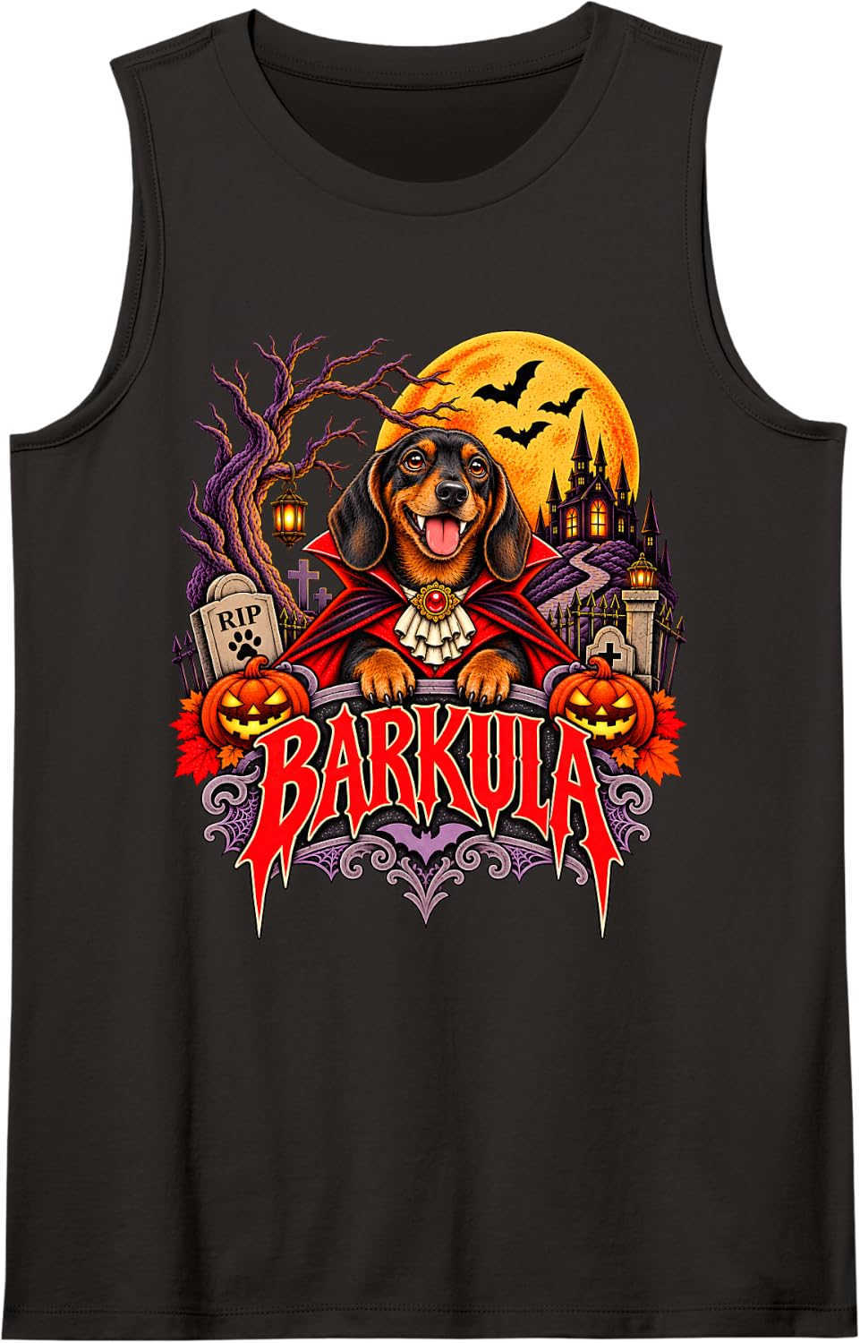 Barkula Dachshund Vampire Funny Halloween Dog Lovers Sleeveless Tank Top - Black