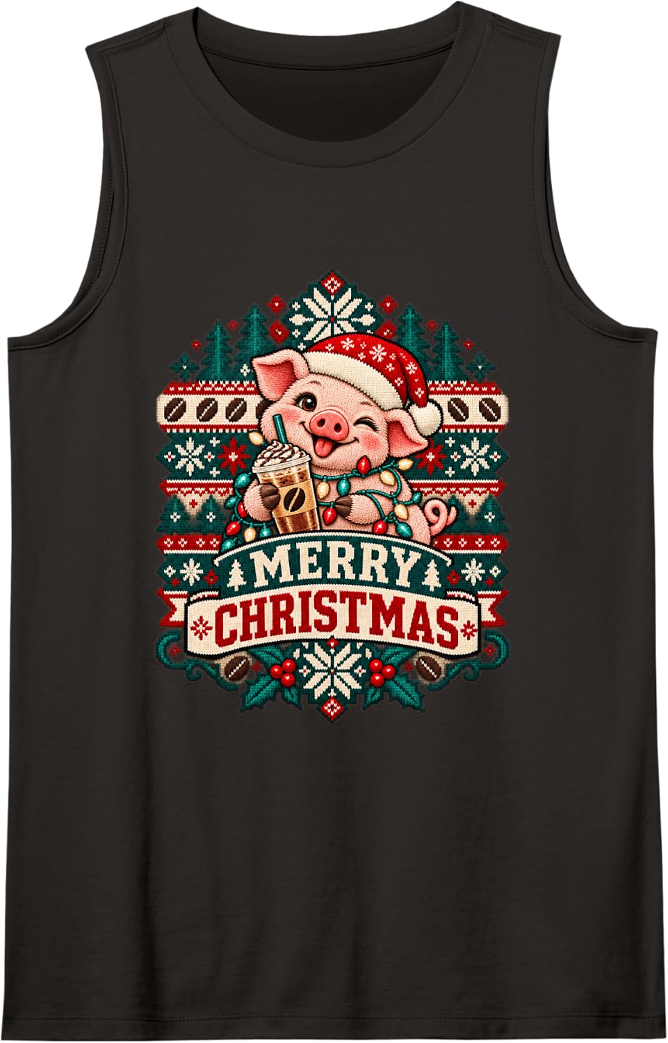Merry Christmas Pig Cheerful Ice Coffee Winter Holiday Sleeveless Tank Top - Black