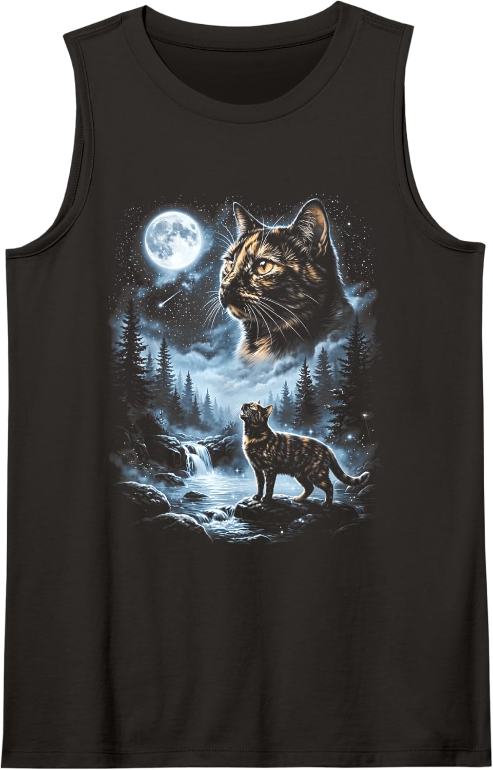 Tortoiseshell Cat Howling at Moon 90's Retro Sleeveless Tank Top - Black