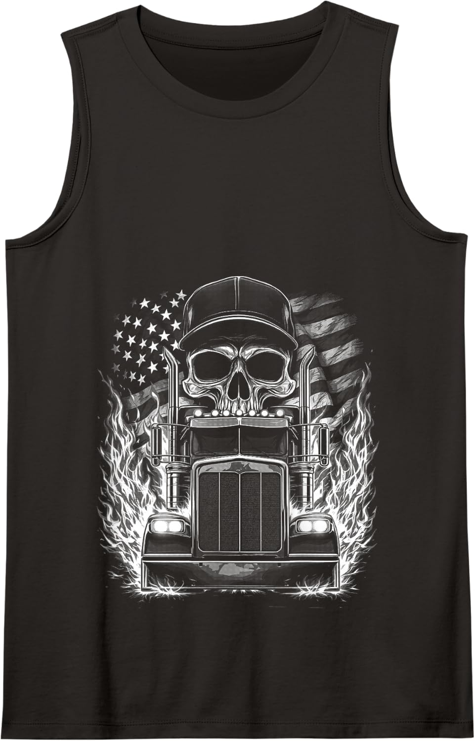 Trucker Patriotic American Flag Semi Truck Driver Skull Tank Top - Black