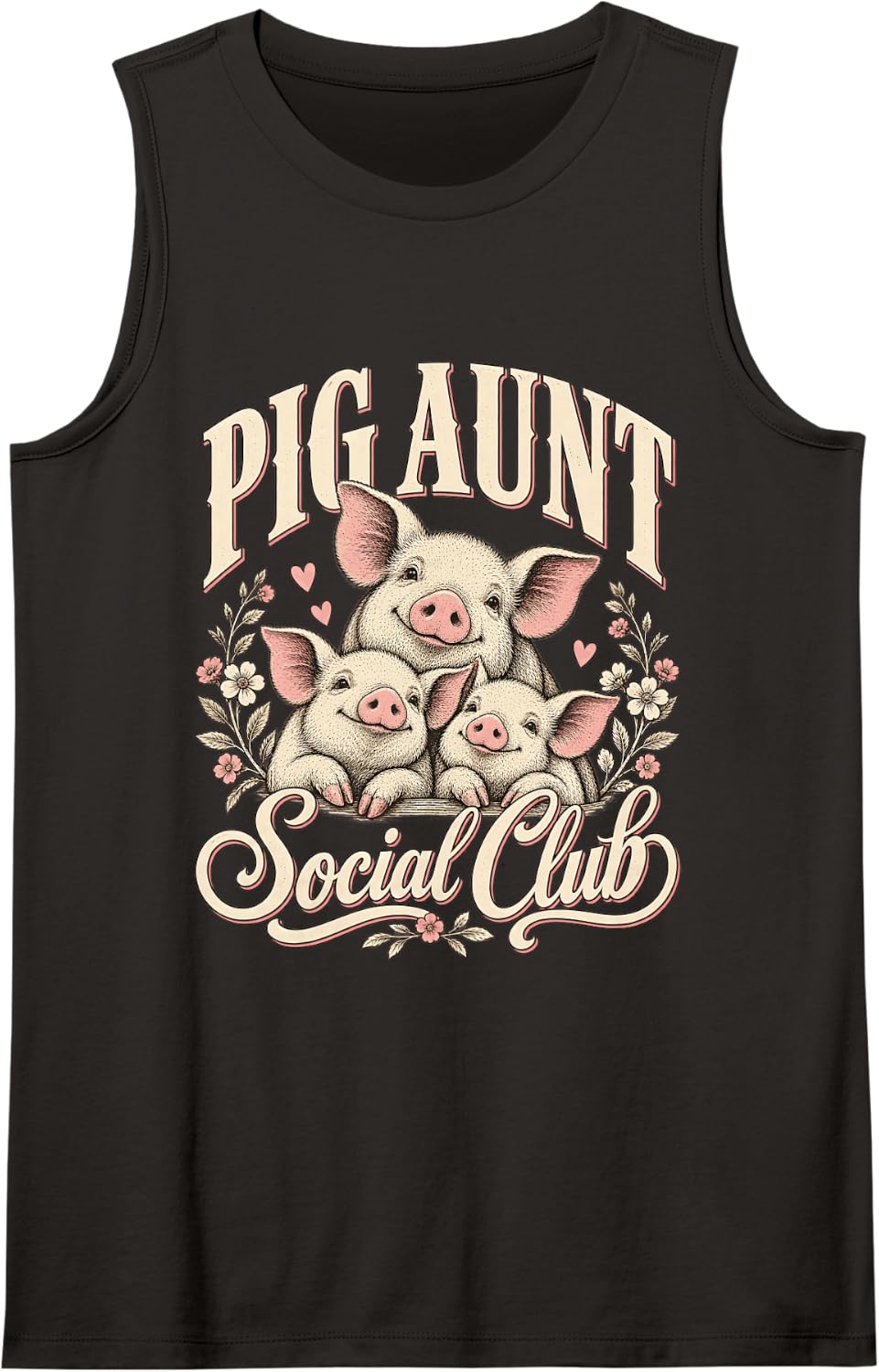 Pig Aunt Social Club Cute Piglet Lover Retro Floral Sleeveless Tank Top - Black