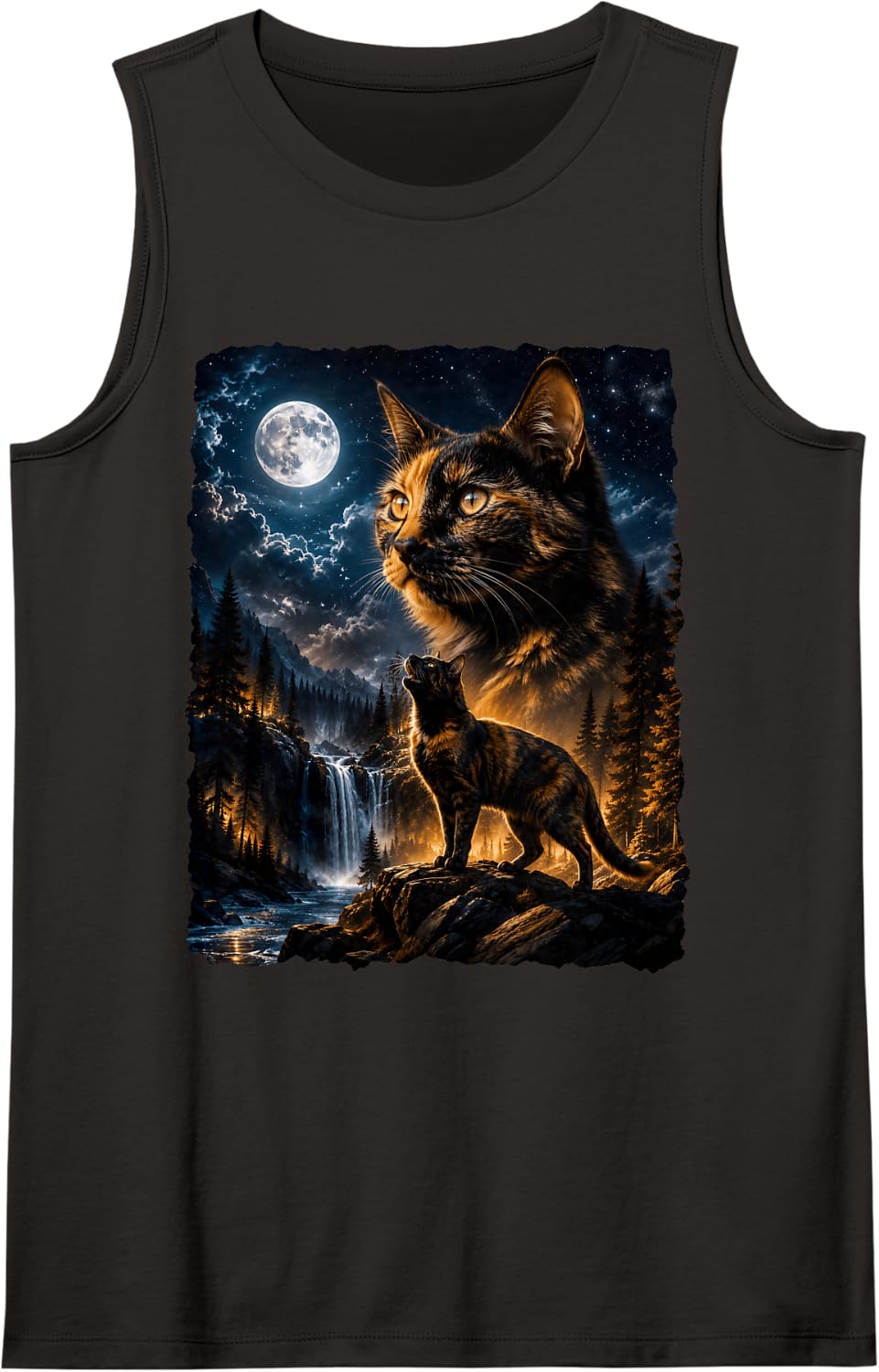 Tortoiseshell Cat Howling At The Moon 90s Retro Halloween Sleeveless Tank Top - Black