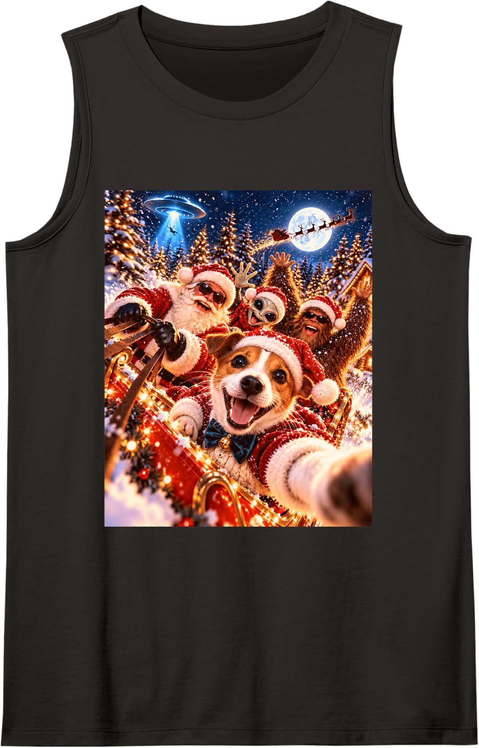 Jolly Jack Russell Santa Christmas Selfie UFO Graphic Sleeveless Tank Top - Black