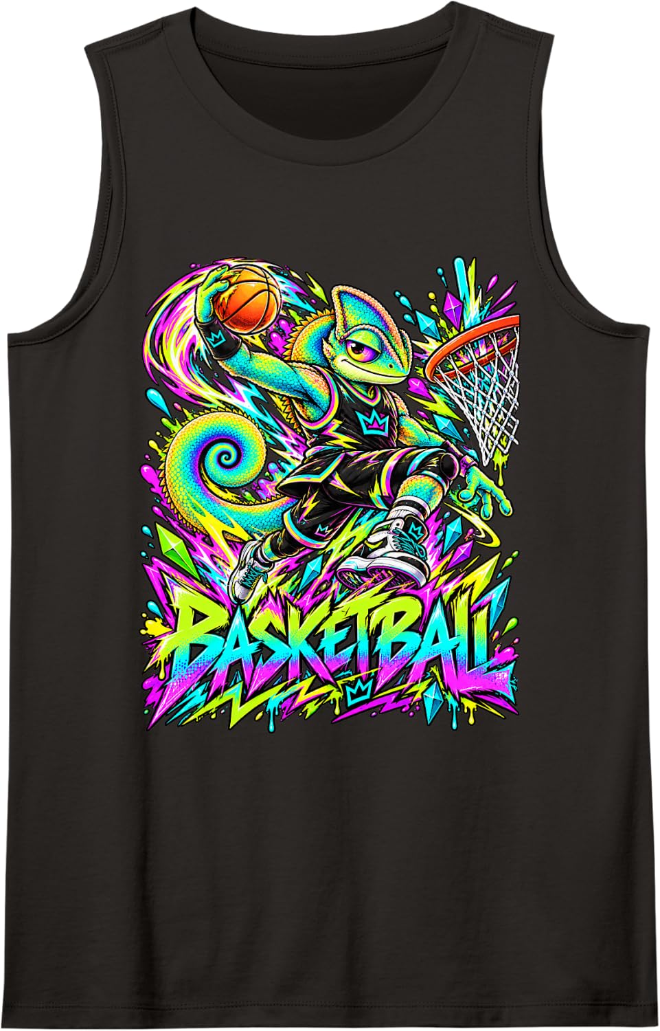 Chameleon Basketball Flying with Colorful Sports Action Art Sleeveless Tank Top - Black
