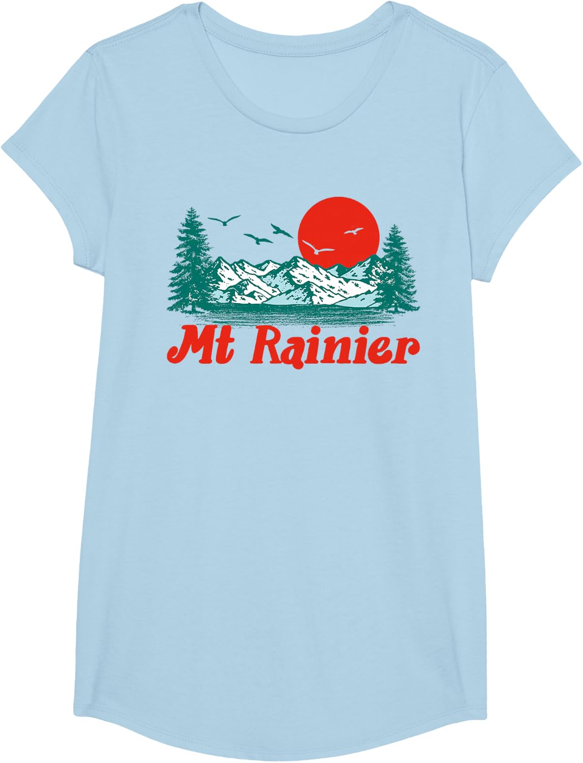 Retro Mt Rainier Mountain Trees & Sun Scene Graphic T-Shirt - Girls Baby Blue