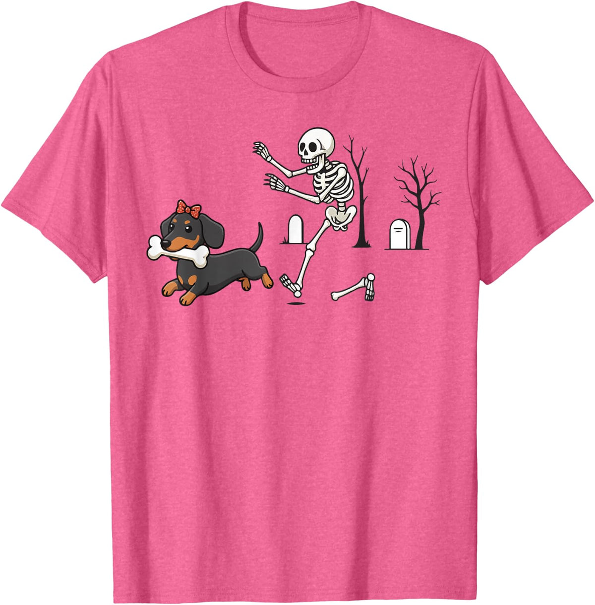 Funny Dachshund Skeleton and Halloween T-Shirt - Pink Heather