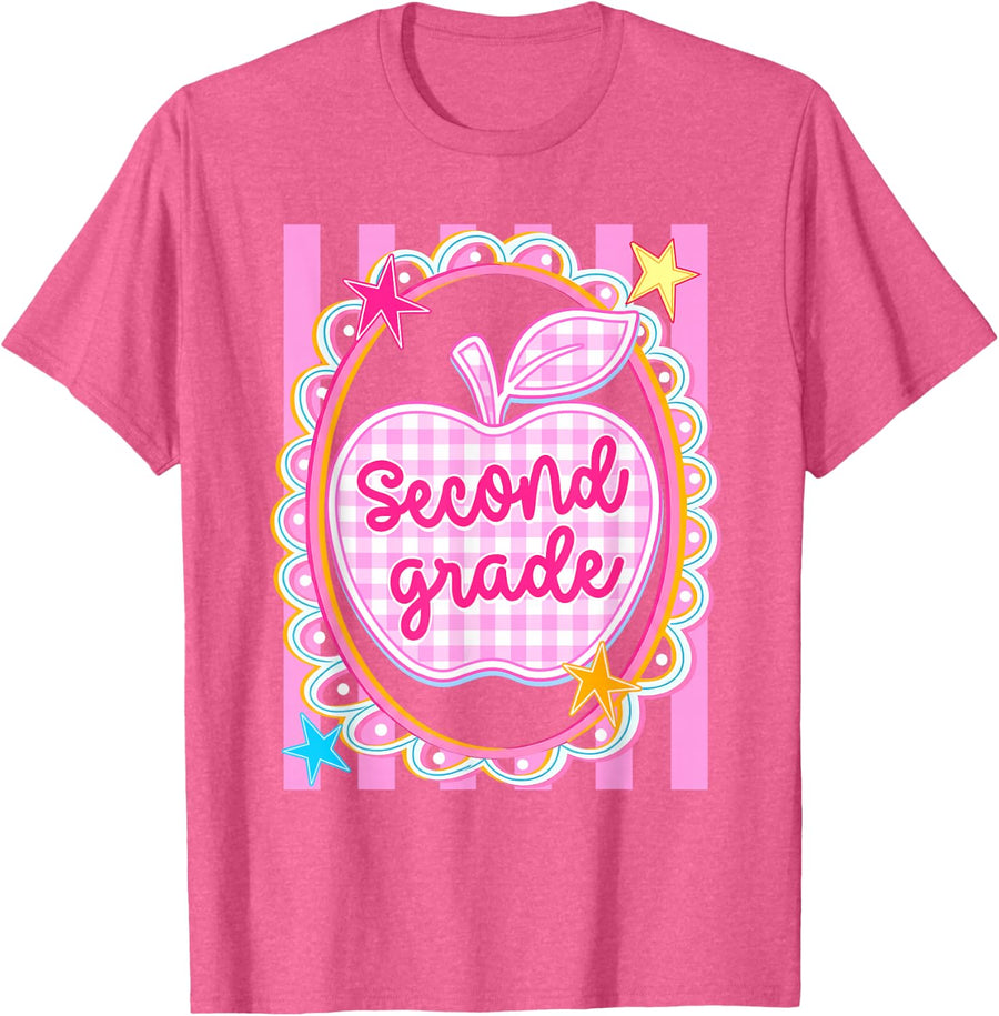 Striped Preppy Second Grade Back to School Teacher Girl Kids T-Shirt - Pink Heather