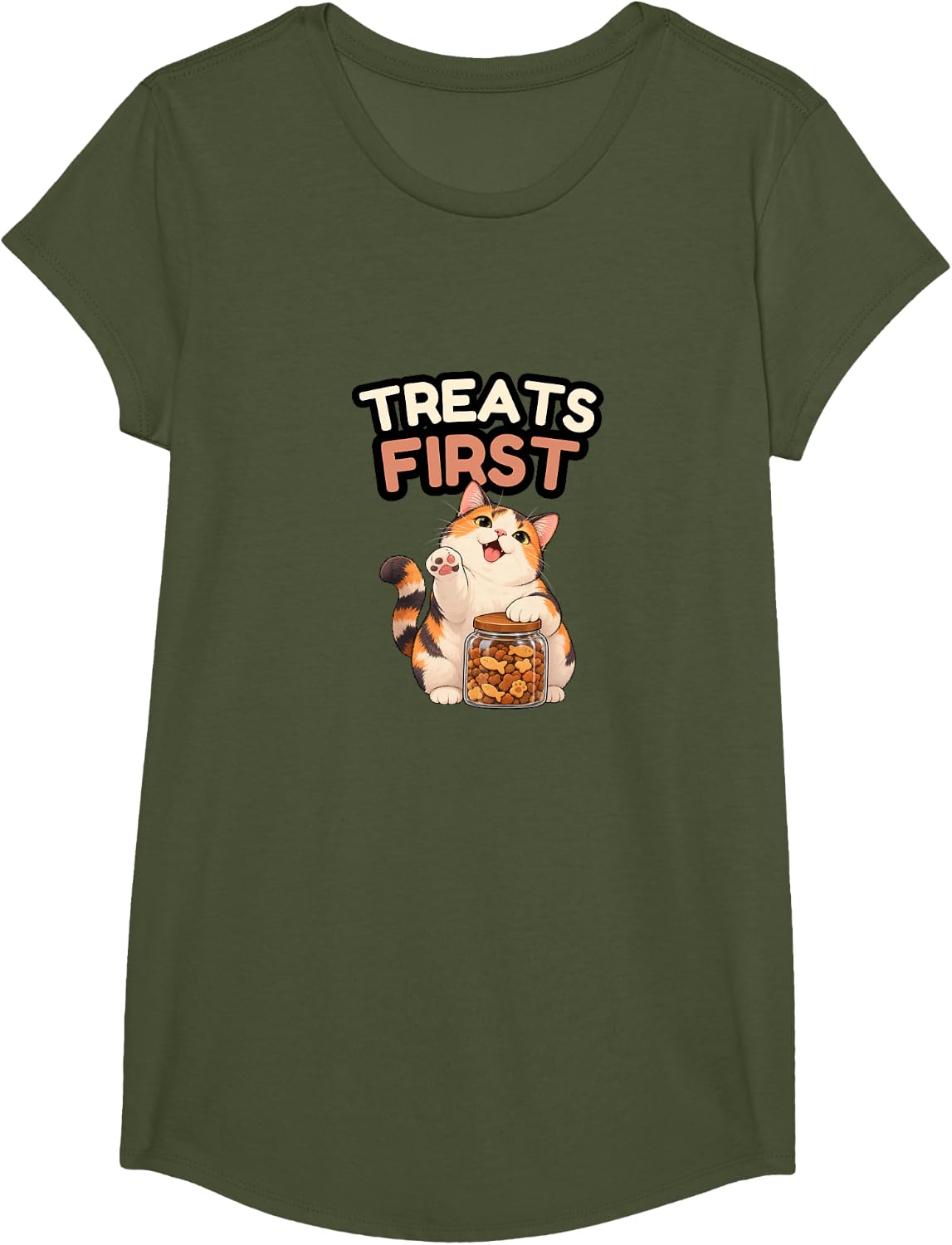 Treats First Funny Calico Cat T-Shirt T-Shirt - Girls Olive Green