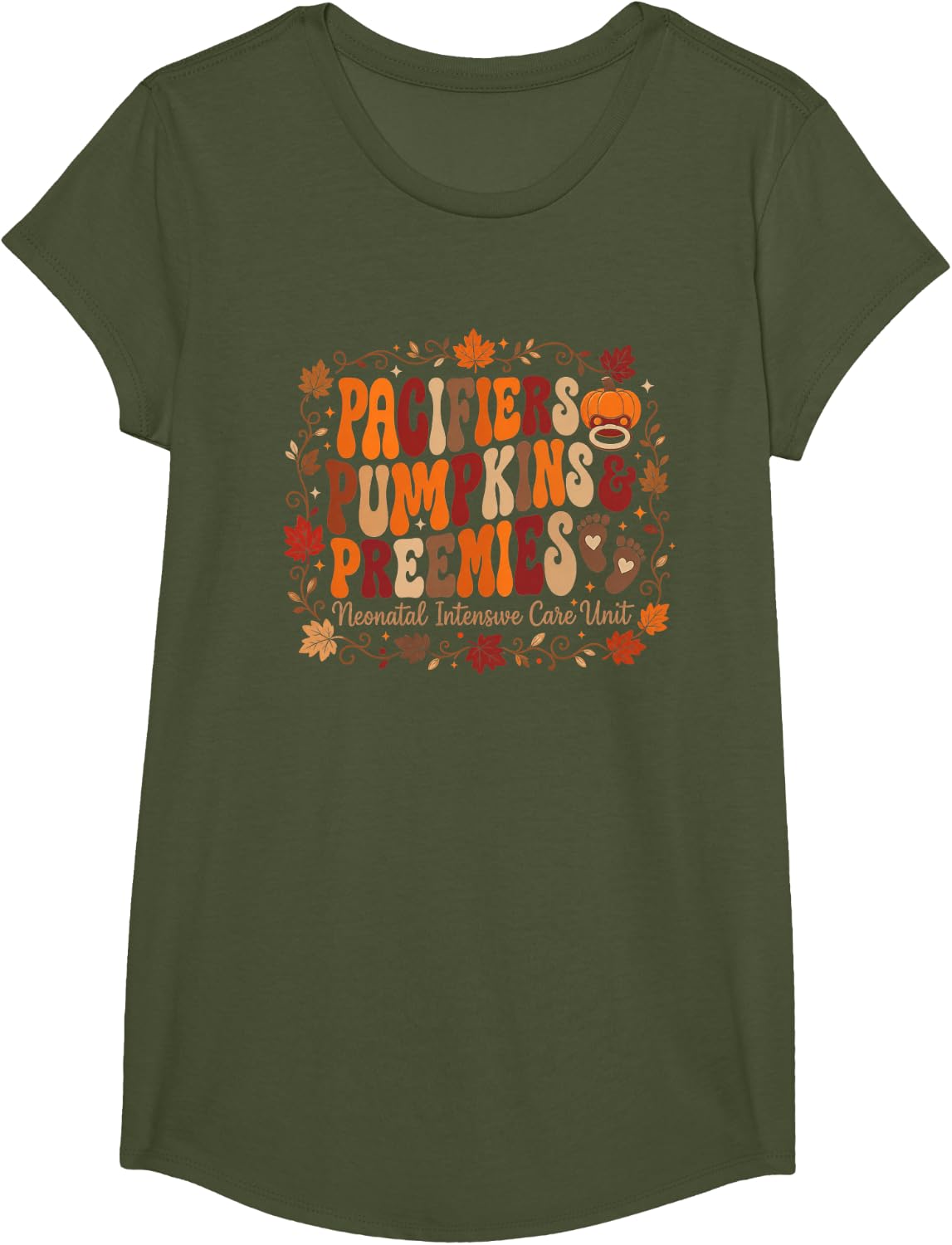 NICU Fall Pacifiers Pumpkins and Preemies T-Shirt - Girls Olive Green