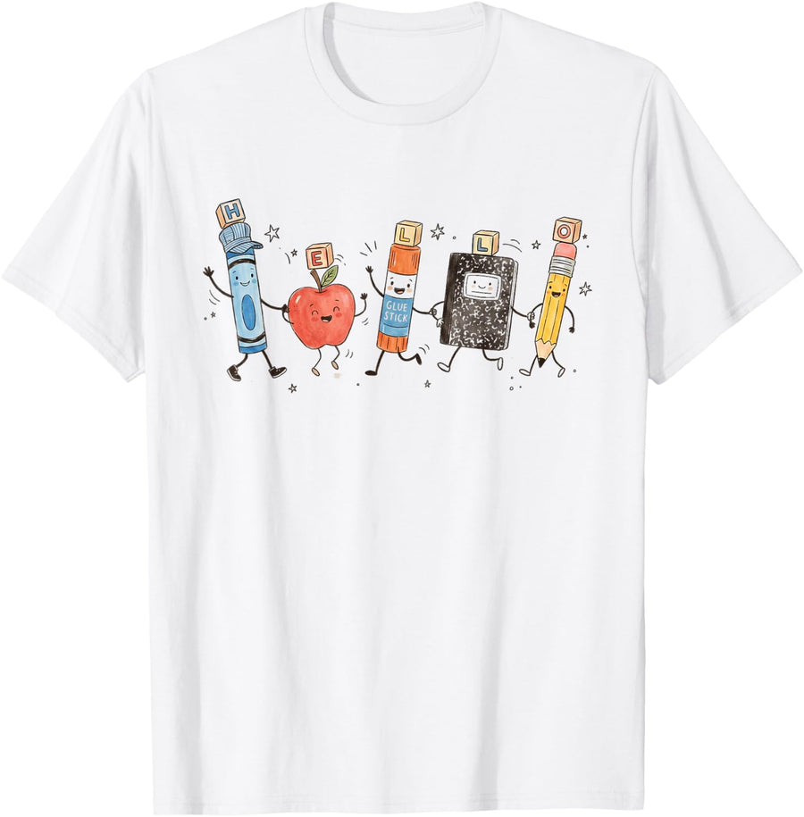 Hello School Supplies Back to School Teacher Classroom Art T-Shirt - White