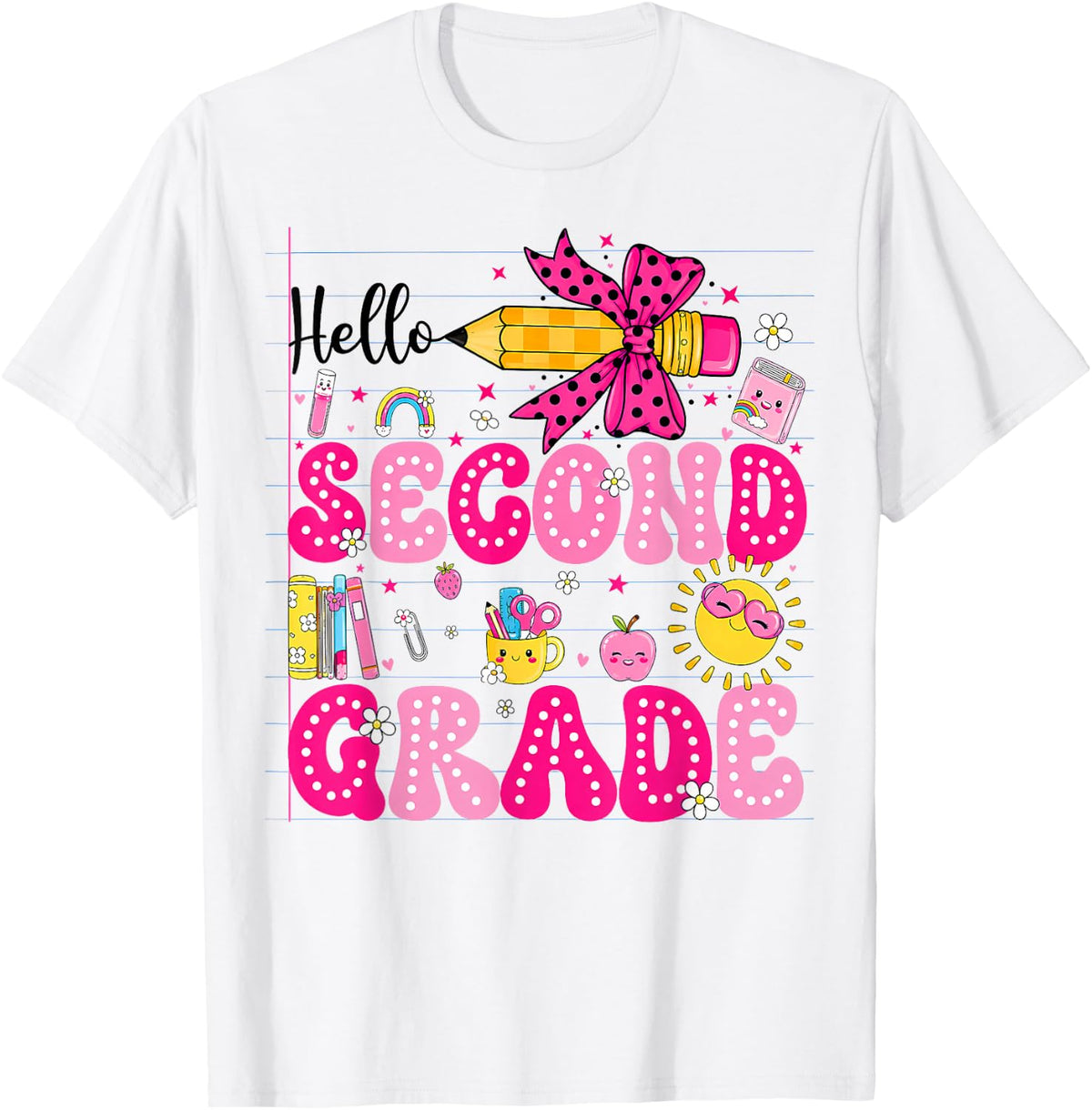 Pink Pencil Bow Coquette Hello Second Grade Back to School T-Shirt - White