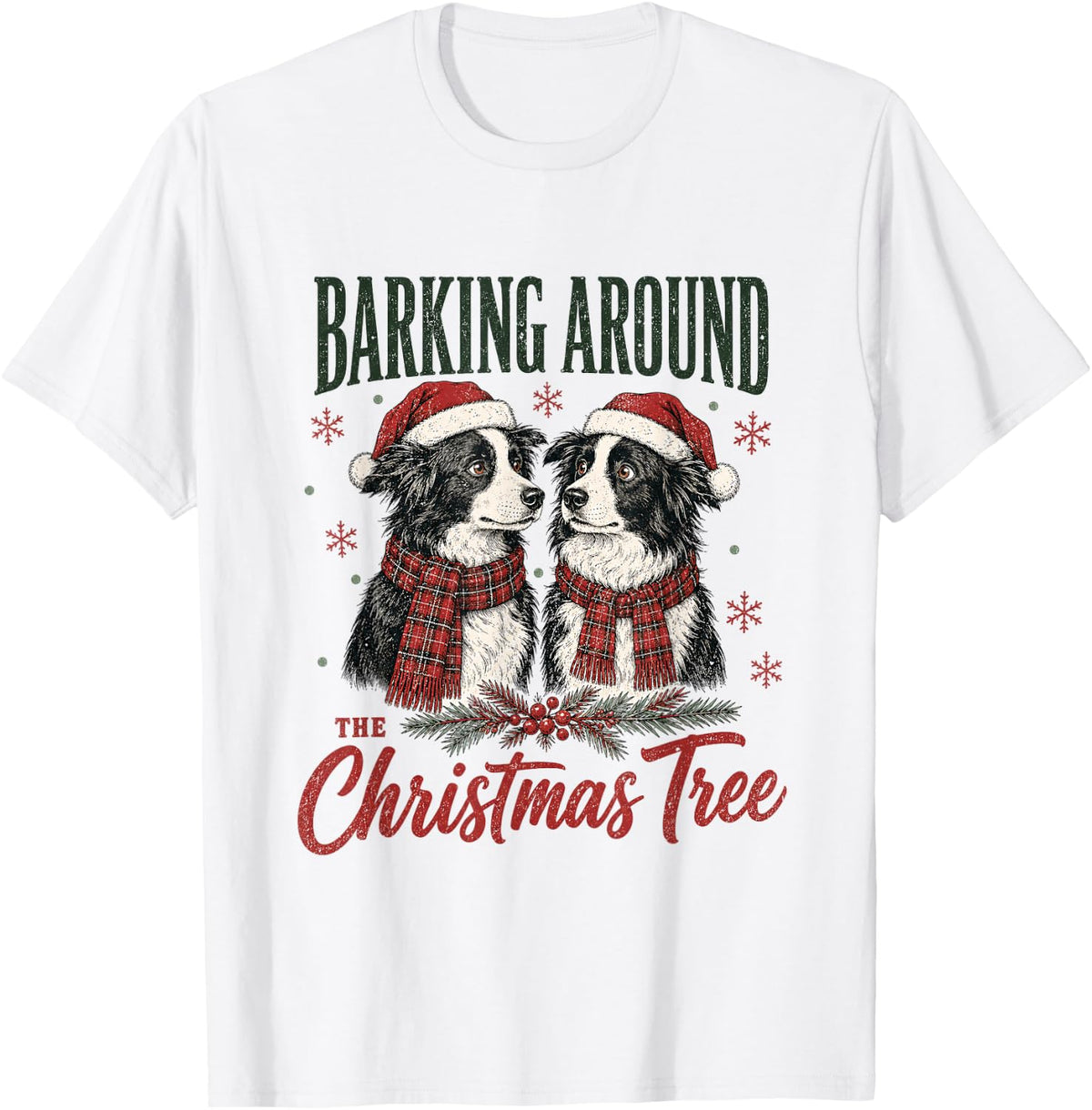 Barking Around The Christmas Tree Border Collie Xmas T-Shirt - White