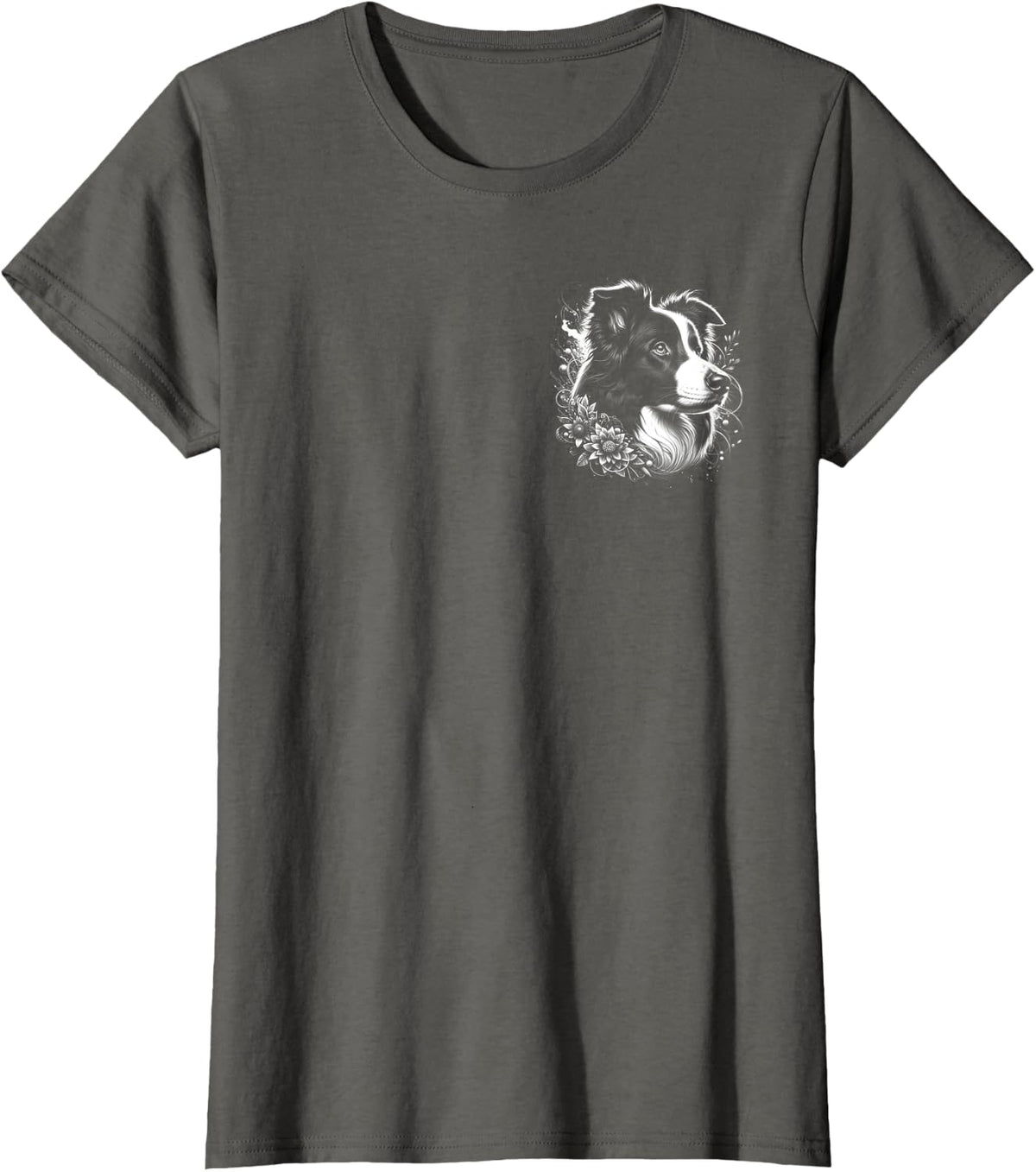 Cooler Border Collie Ornate Portrait on Chest T-Shirt - Asphalt Grey