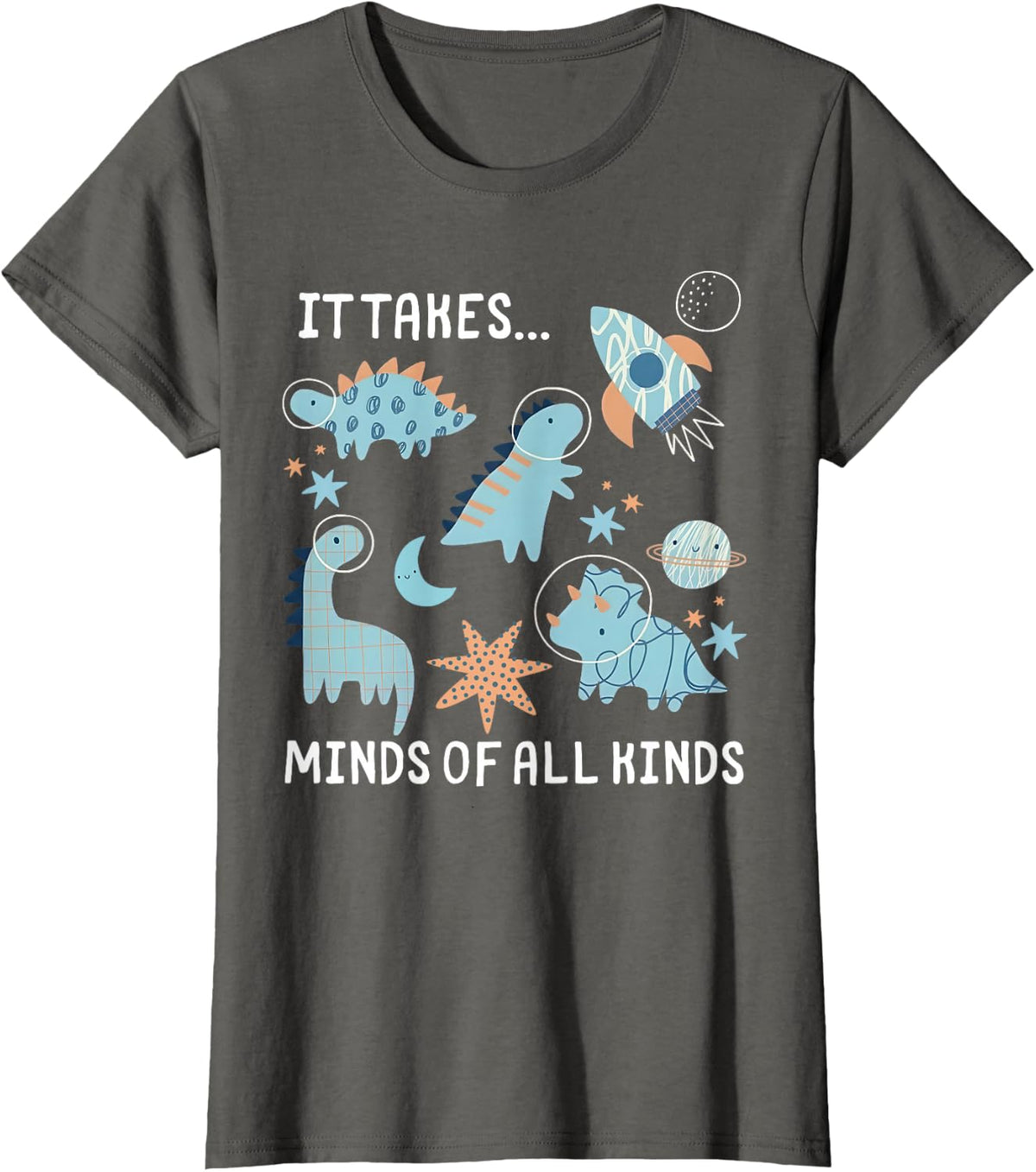 It Takes Minds of All Kinds Dinosaur Space SPED Teacher Team T-Shirt - Asphalt Grey