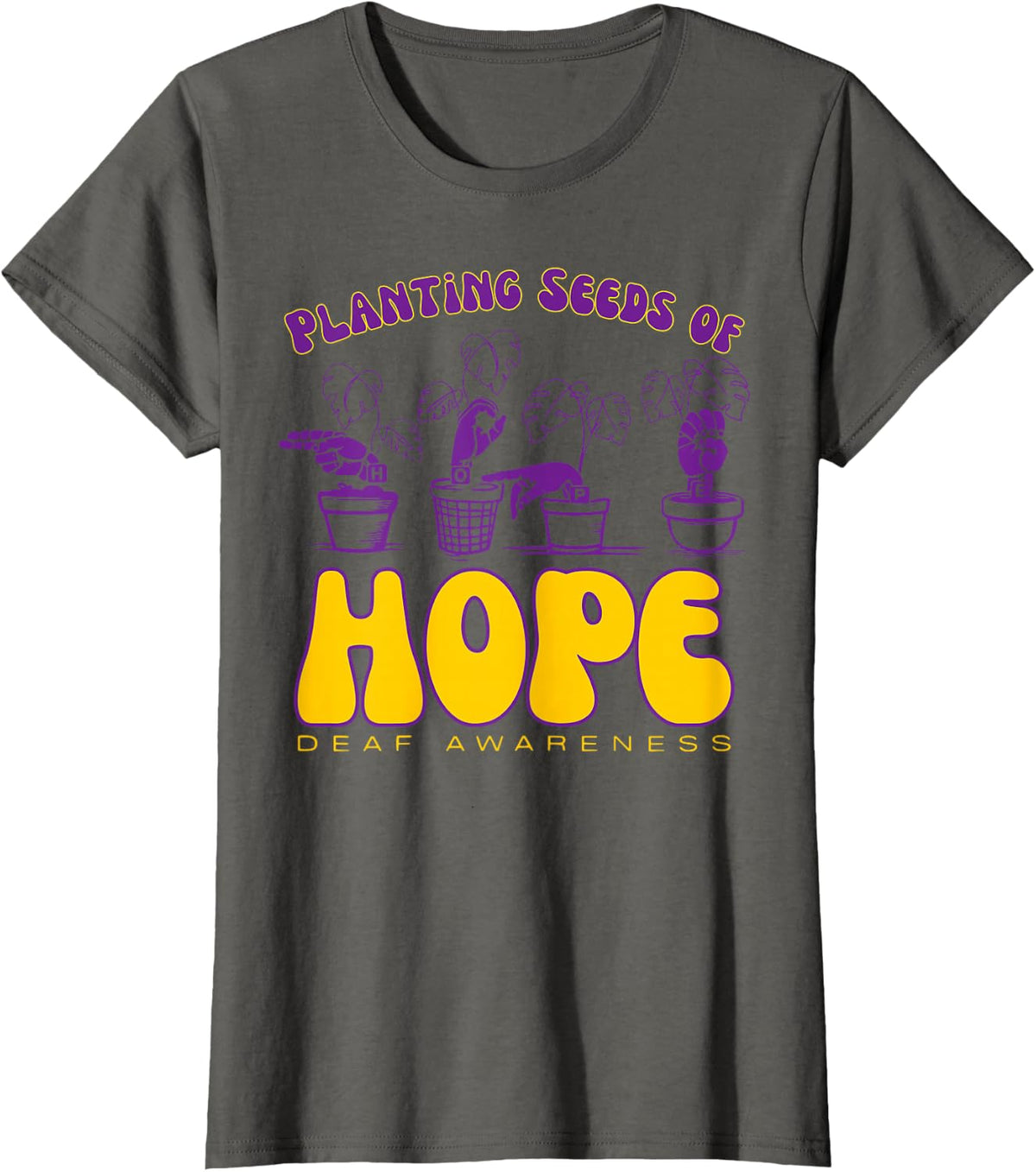 Deaf Awareness Plant ASL Sign Language Teacher Interpreters T-Shirt - Asphalt Grey