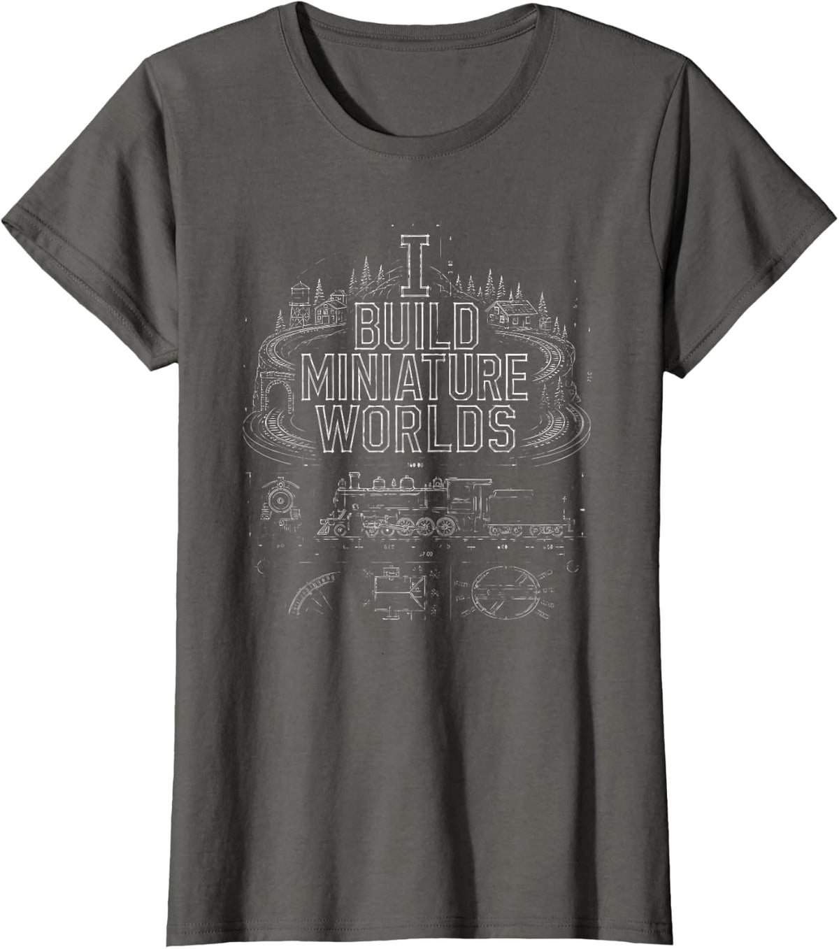 Build Miniature Worlds Model Train Blueprint T-Shirt - Asphalt Grey
