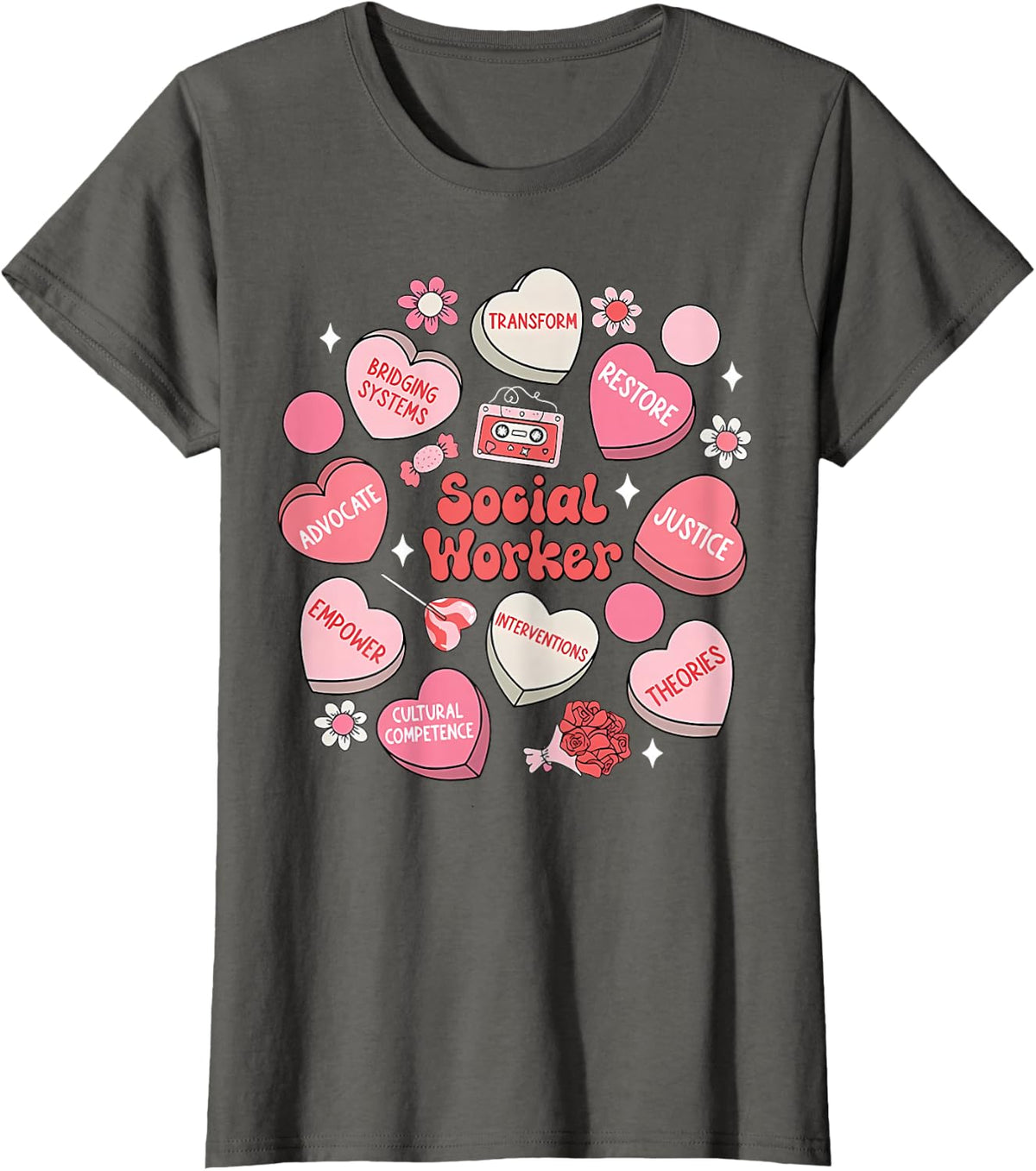 Social Worker Heart Candy Valentine Day Coping Skills LMSW Tee T-Shirt - Asphalt Grey