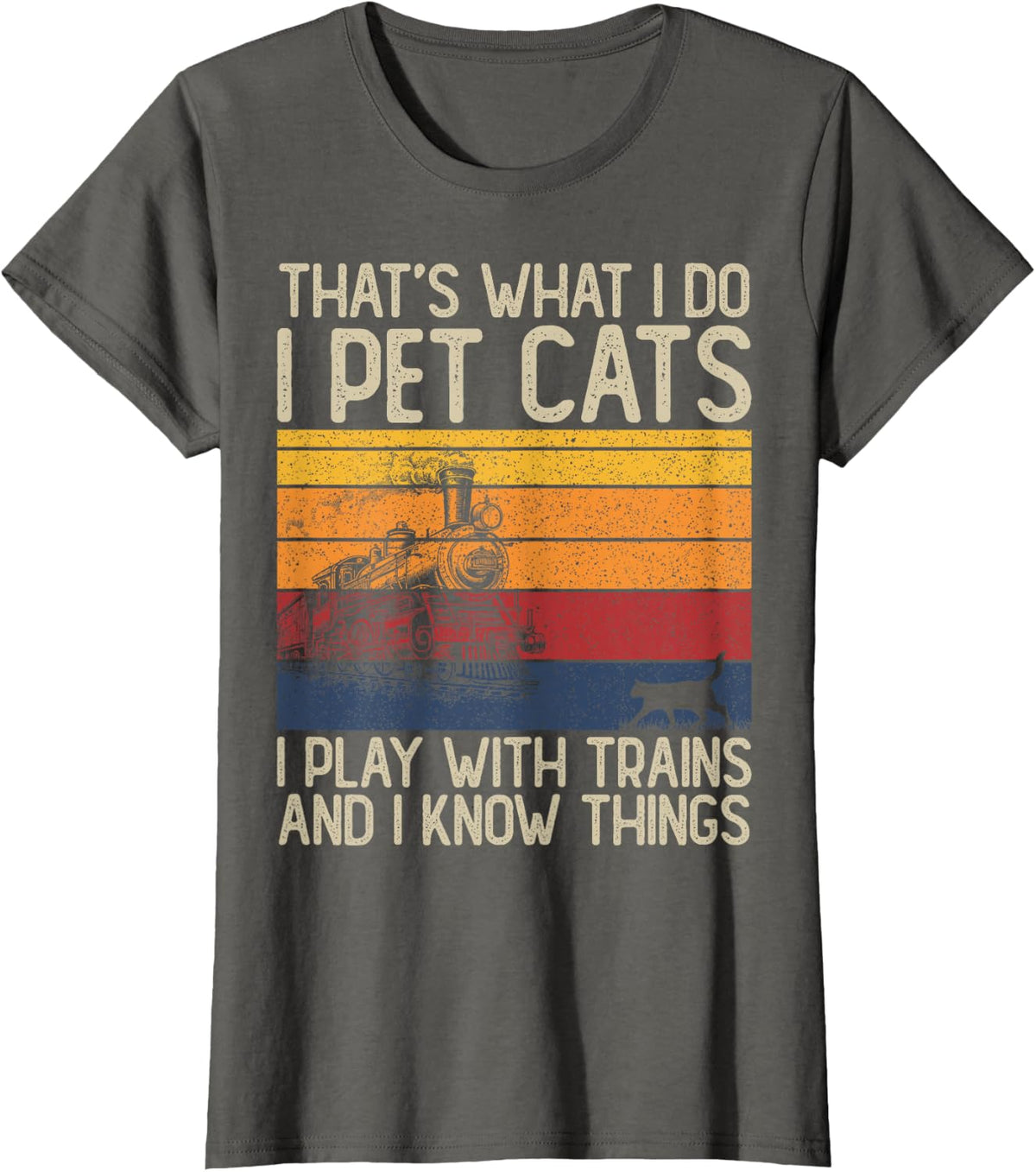 Model Train T-Shirt I Pet Cats I Play with Trains and I Know Things Funny Tee - Asphalt Grey