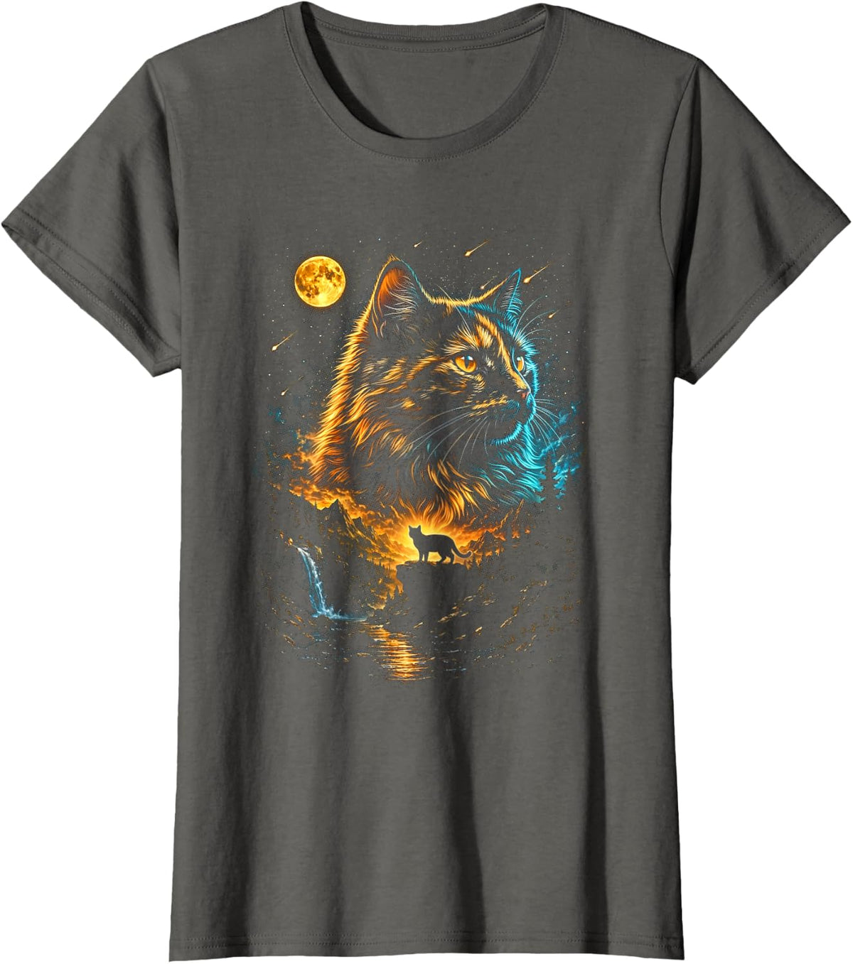Tortoiseshell Cat Moon Wild Forest Tortie Nature Art T-Shirt - Asphalt Grey