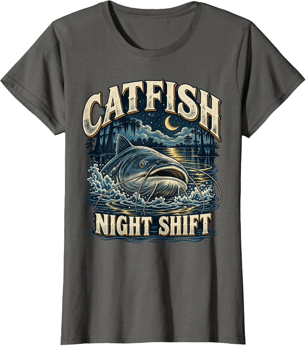 Catfish Night Shift Funny Catfish Fishing Shirt T-Shirt - Asphalt Grey