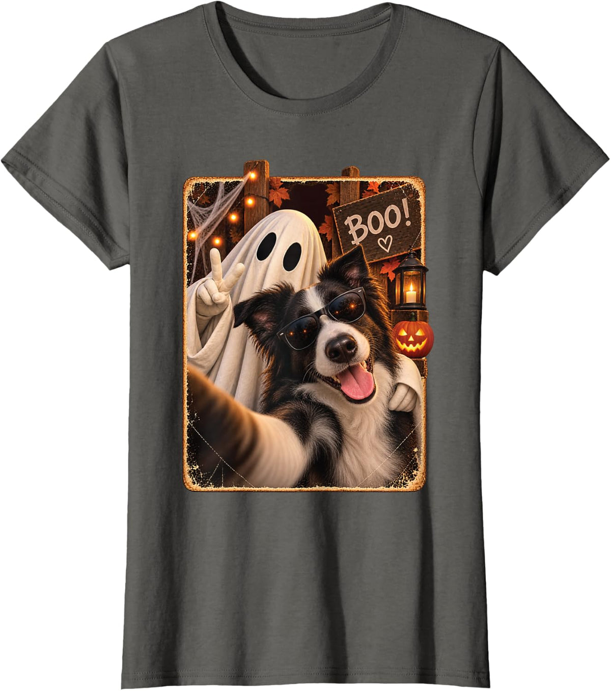 Border Collie Halloween Dog Ghost Selfie Spooky Pet Family T-Shirt - Asphalt Grey