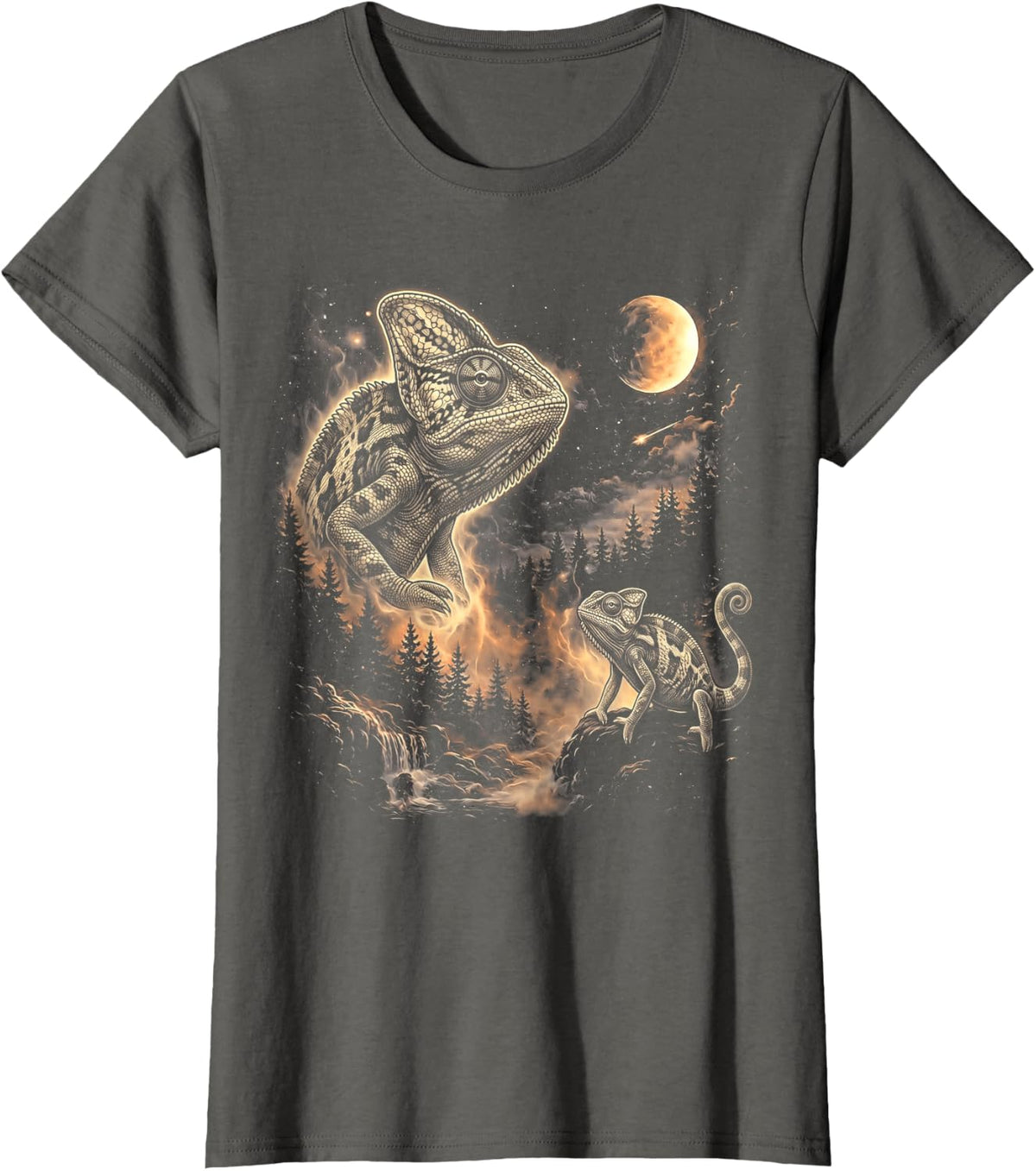 Cute Chameleon Howling to The Moon Vintage 90s Retro Lizard T-Shirt - Asphalt Grey