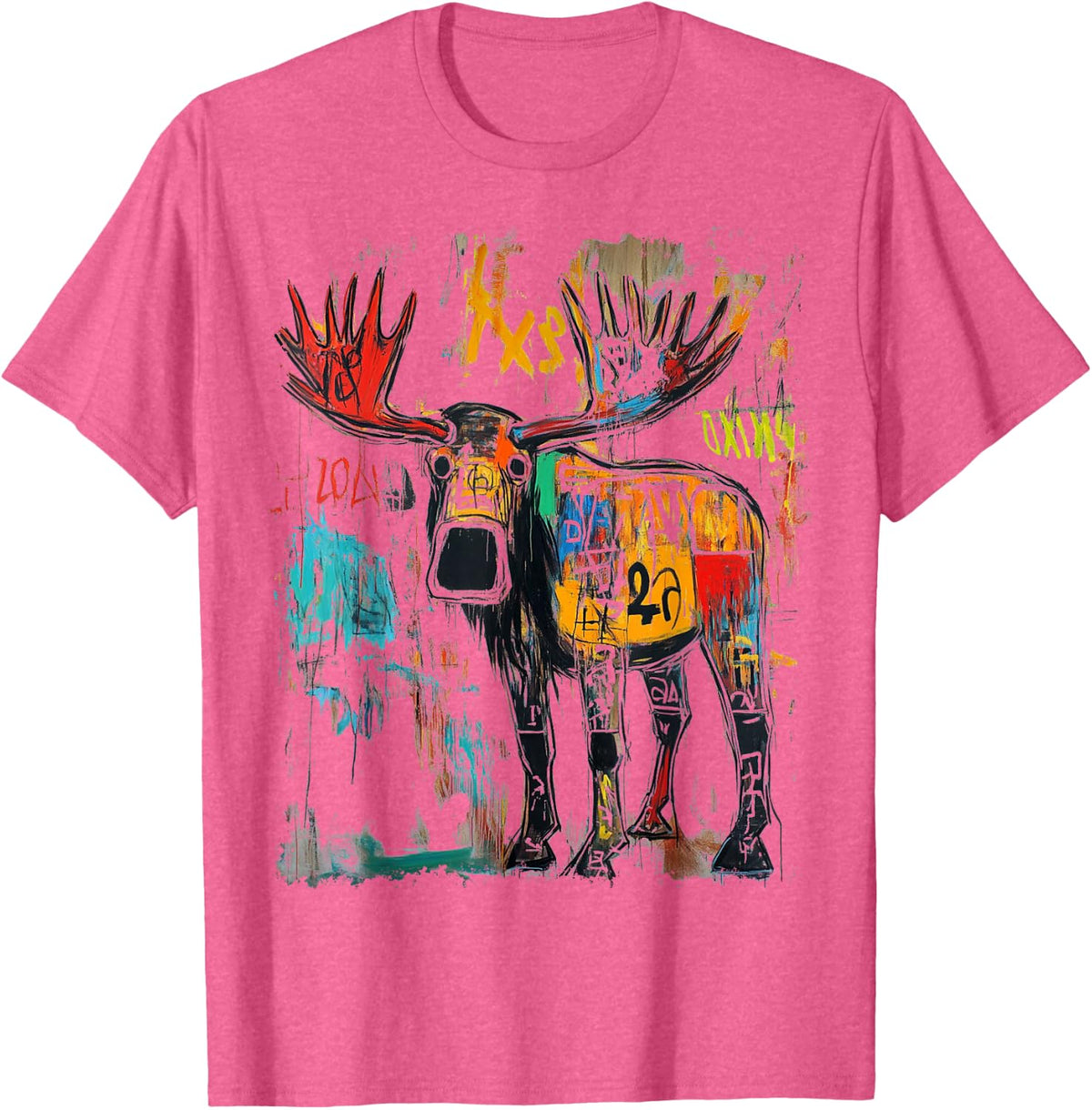Colorful Abstract Graffiti Doodle Pop Art Moose Graphic Tees T Shirts - Pink Heather