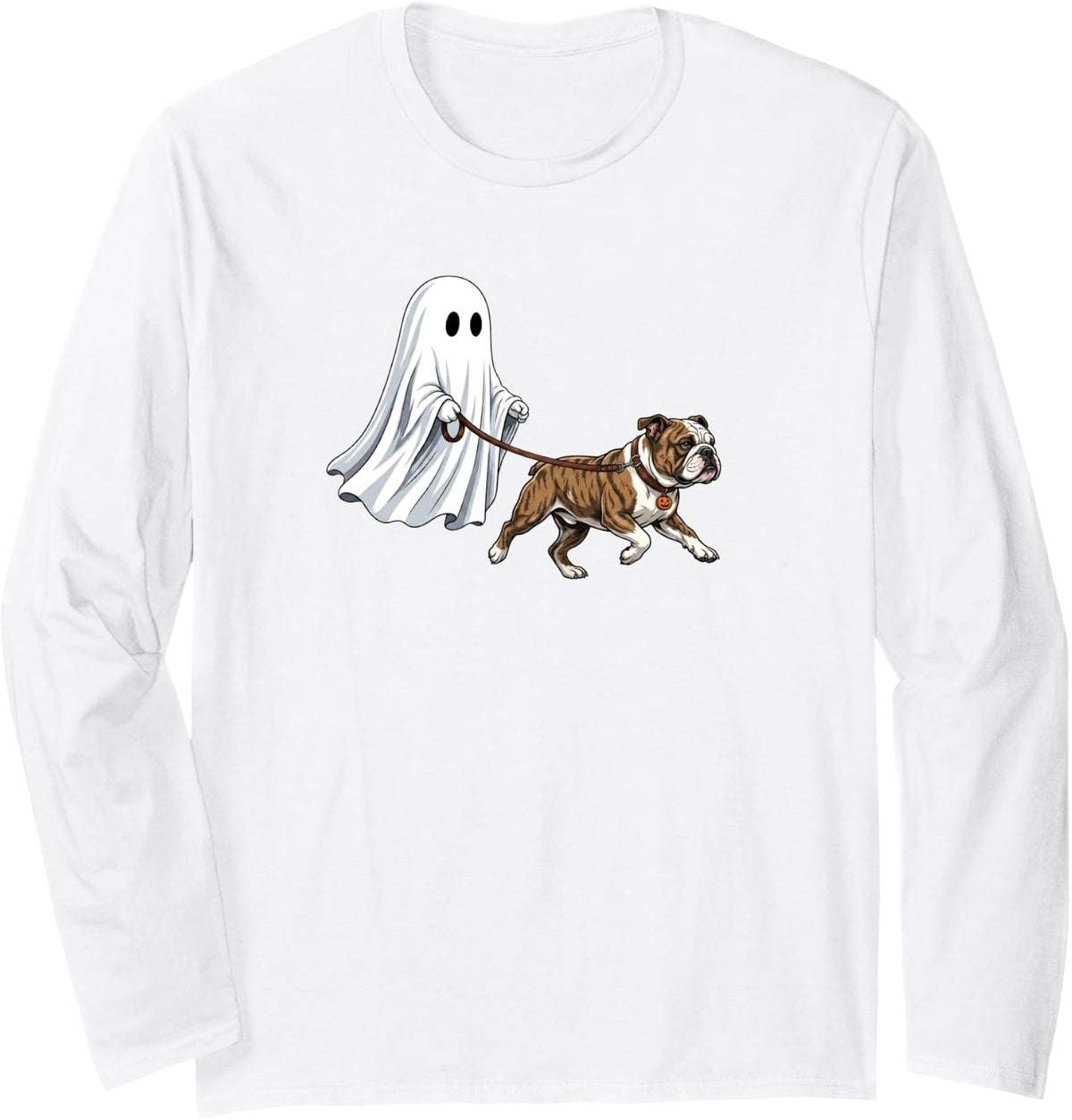 Cute Ghost Walking English Bulldog Halloween Dog Lovers Long Sleeve T-Shirt - Adult Unisex White