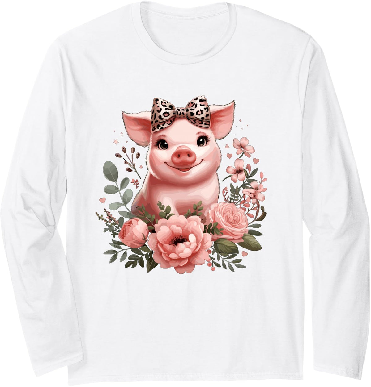 Pig With Leopard Headband Flower Cute Pig Lover Long Sleeve T-Shirt - Adult Unisex White