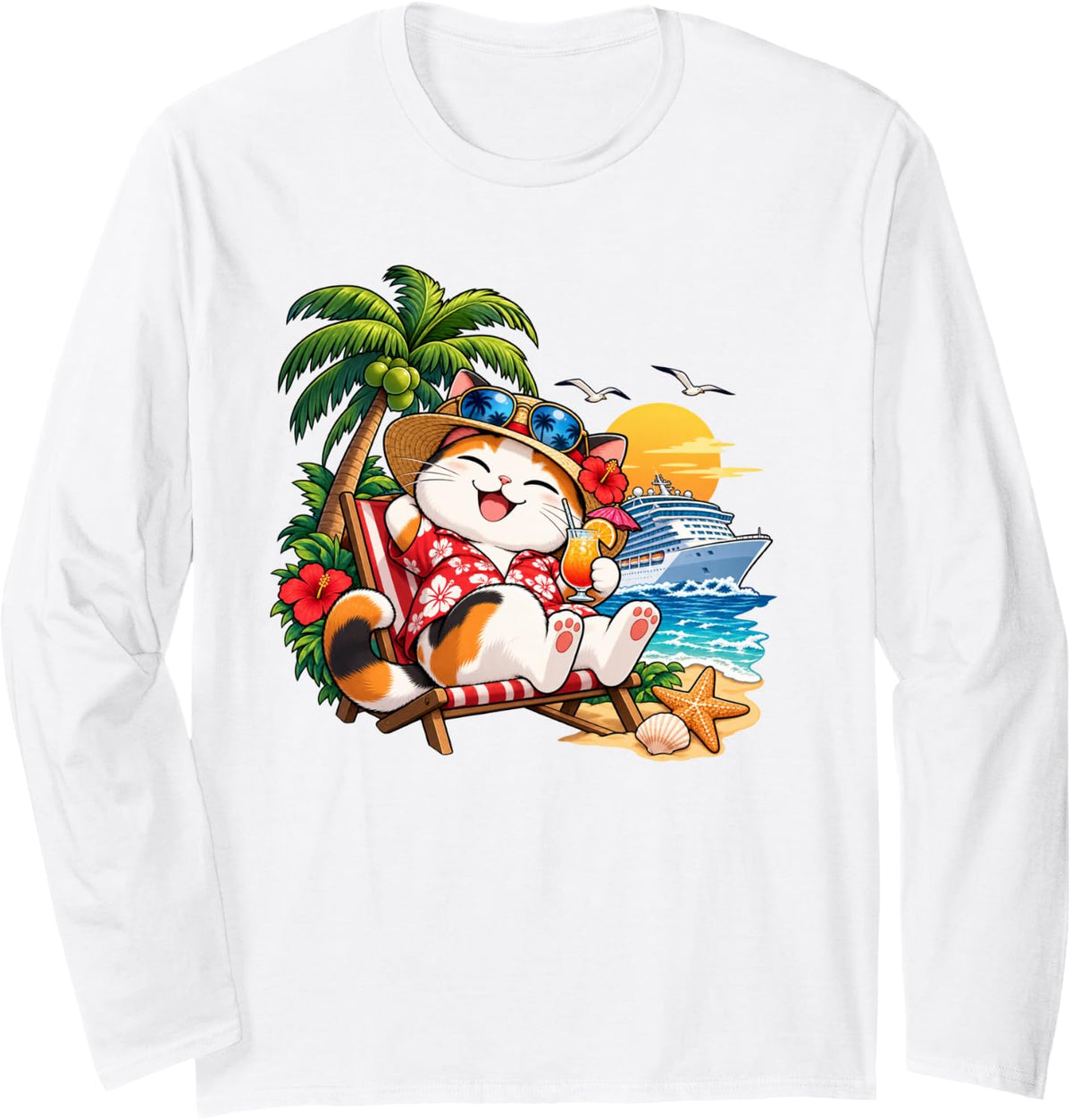 Happy Calico Cat Beach Vacation Cruise Ship Tropical Art Long Sleeve T-Shirt - Adult Unisex White