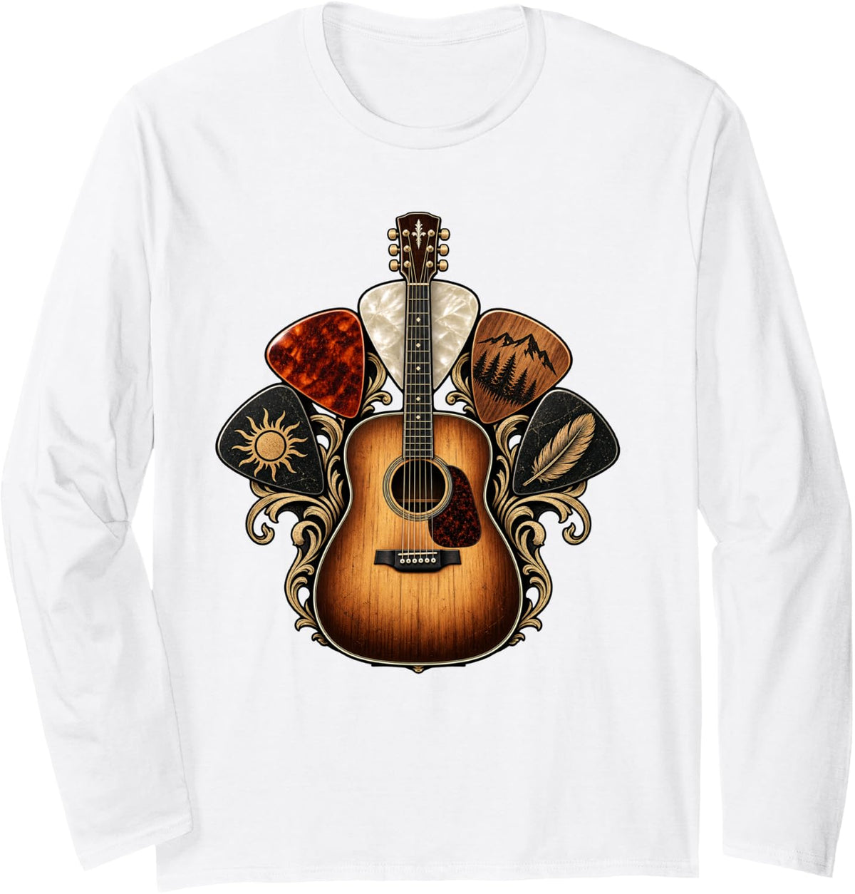Acoustic Guitar with Picks Mountain Sun Feather Music Art Long Sleeve T-Shirt - Adult Unisex White
