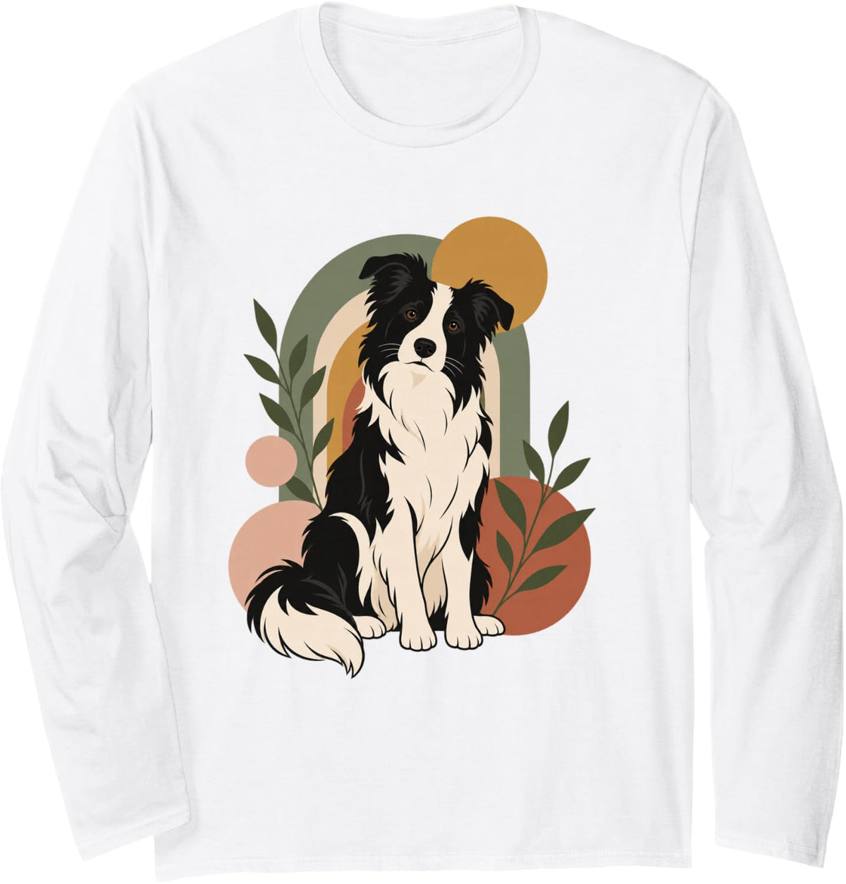 Border Collie Boho Botanical Black White Dog Portrait Art Long Sleeve T-Shirt - Adult Unisex White