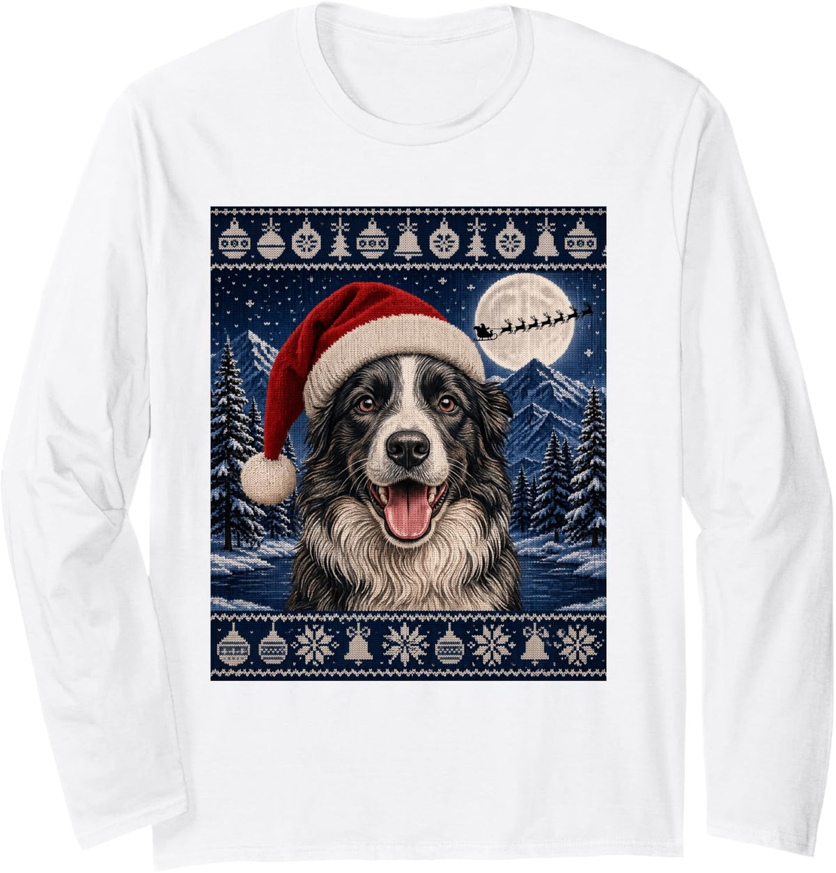 Border Collie Dog Santa Ugly Christmas Long Sleeve T-Shirt - Adult Unisex White
