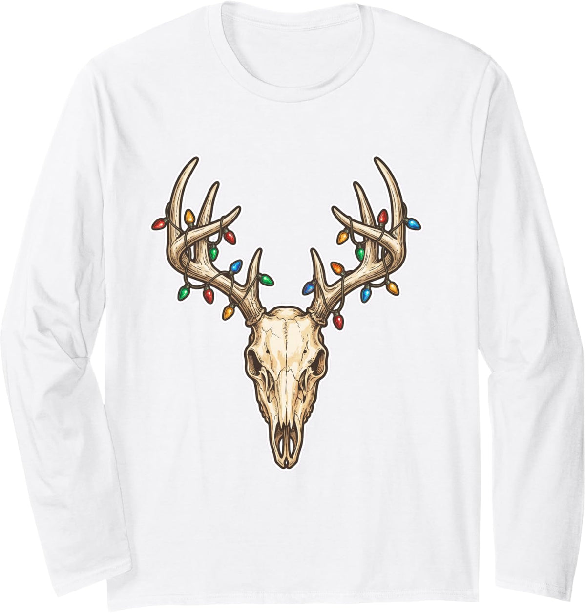 Deer Skull Antlers Christmas Lights Hunter Holiday Art Long Sleeve T-Shirt - Adult Unisex White