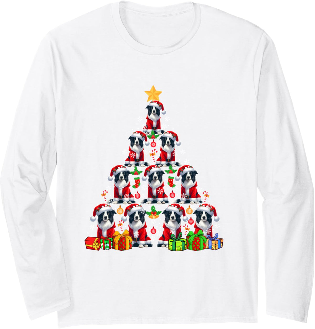 Group Santa Border Collies As Christmas Tree Xmas Box Long Sleeve T-Shirt - Adult Unisex White